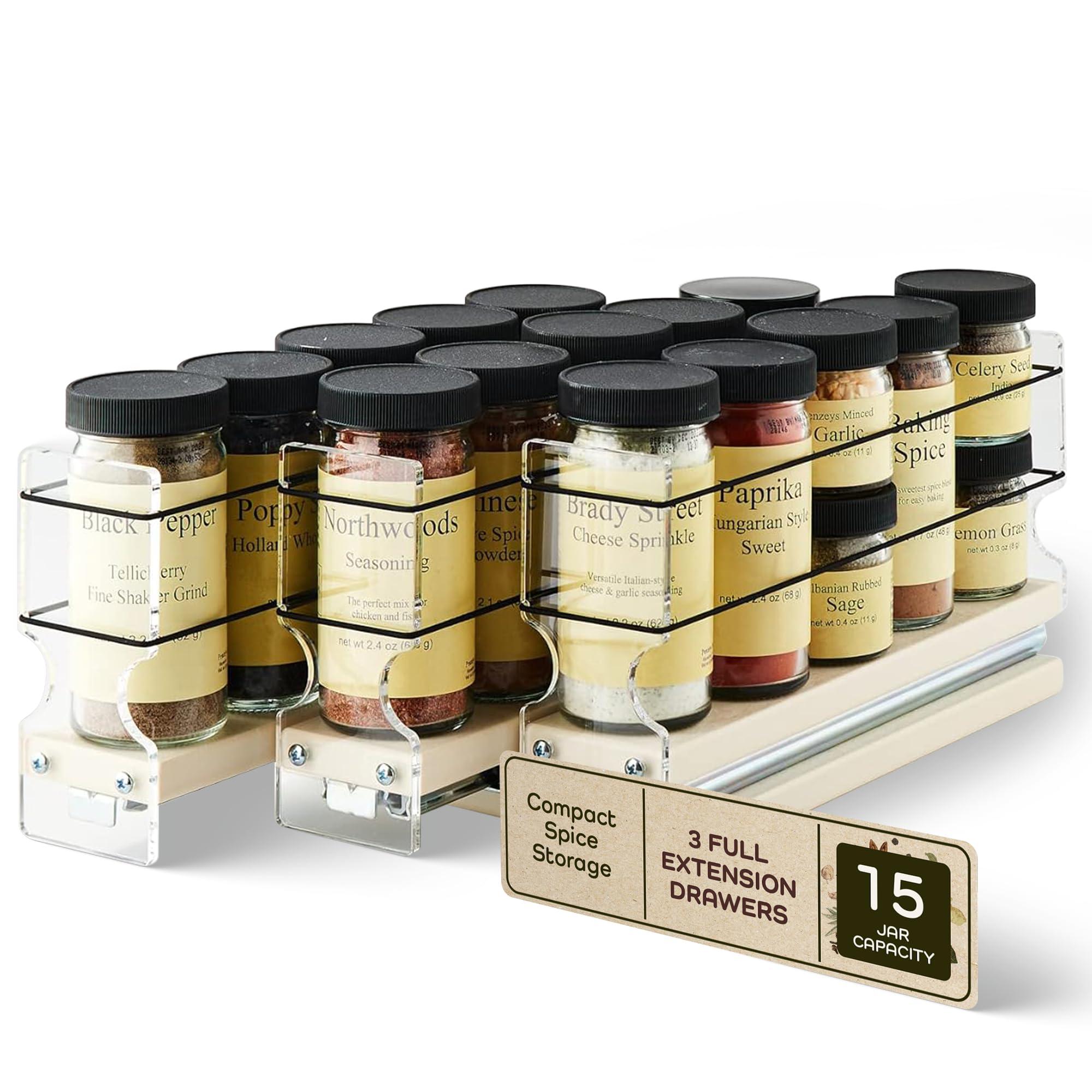 Vertical Spice Vertical Spice Cabinet Mounted Spice Rack Organizer - 3 Drawers,15 Reg. or 30 Half Sized Spice Jars - Pantry Organizers & Storage - Pullout Shelf for Kitchen Cupboard (6.9\"W x 5.0\'\'H x 10.6\"D, Cream)
