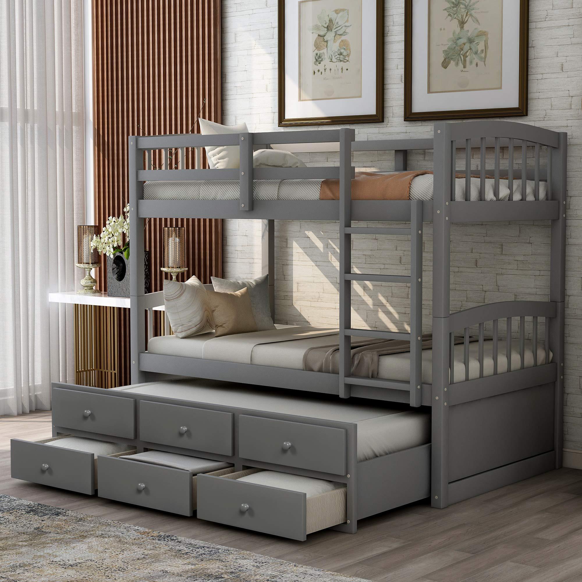 XD Designs XD Designs Twin Over Twin Bunk Bed with Trundle Bed and 3 Storage Drawers, Solid Wood Bed Frame with Ladder/Safety Rail for Kids, Teens Bedroom (Grey)