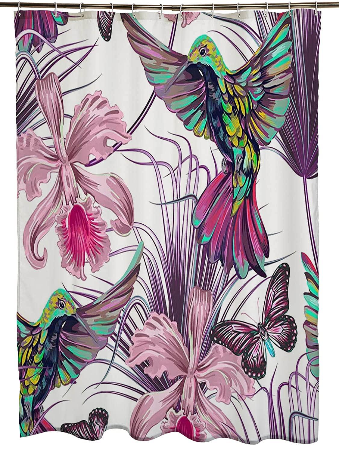 Mearklwd Mearklwd Fabric Waterproof Shower Curtains Popular Jungle Summer Pattern Beach Succulent Hummingbirds Flying Orchid Animals Leaf Wildlife Shower Curtain for Bathroom with Hooks 72 x 78 Inches