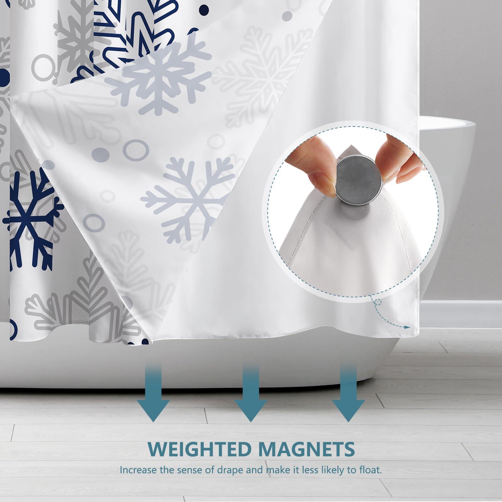 MEHOFOND MEHOFOND No Hook Winter Snowflake Shower Curtain, Hookless Christmas Shower Curtain,Blue and Grey Xmas New Year Holiday Bathroom Bathtubs Decor with Snap in Liner, Waterproof Polyester Fabric 71X74in