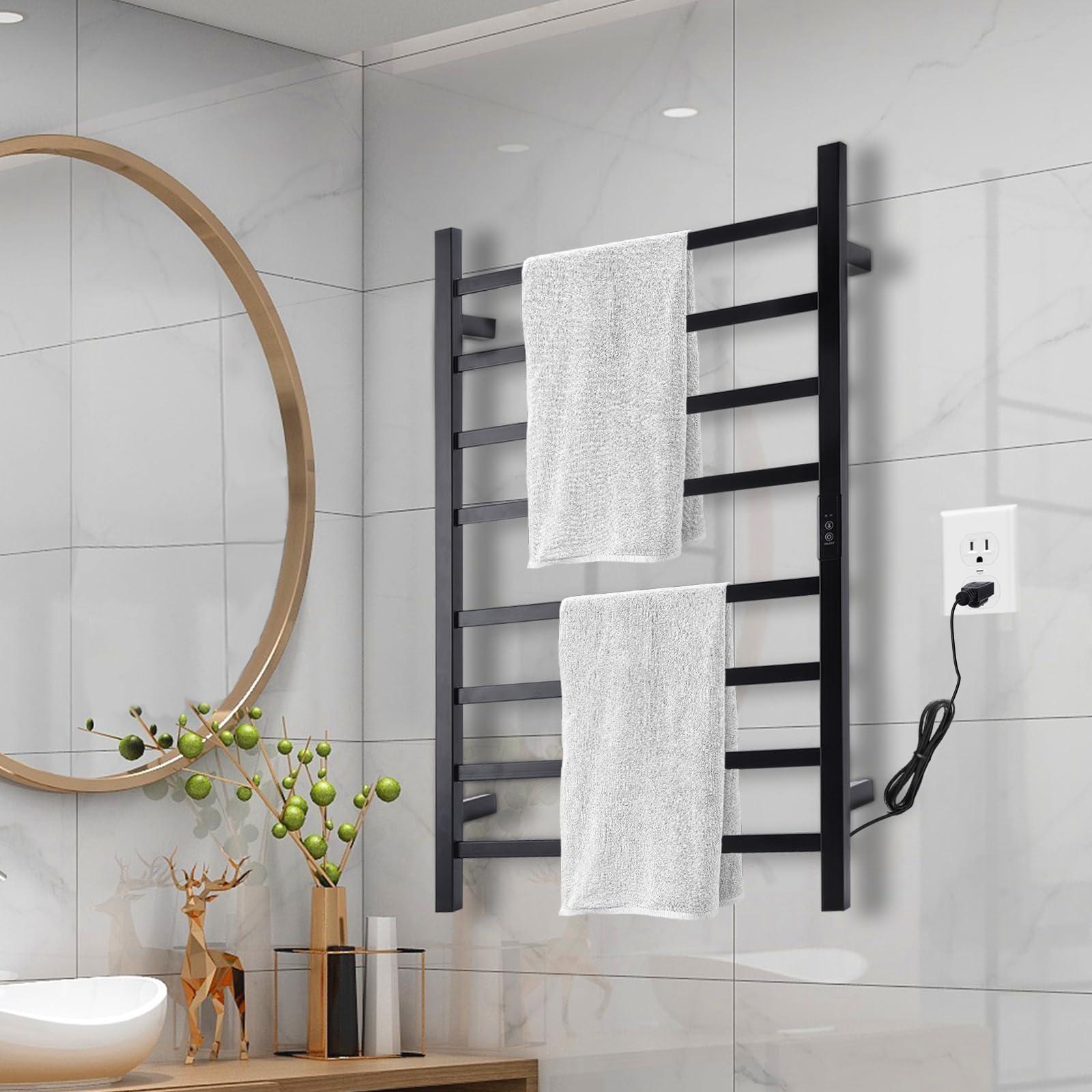 Nopwer Towel Warmer Heated Towel Bar-Rack - Nopwer Bathroom Wall Mounted Electric Towel Drying Plug-in Matte Black 8 Bars
