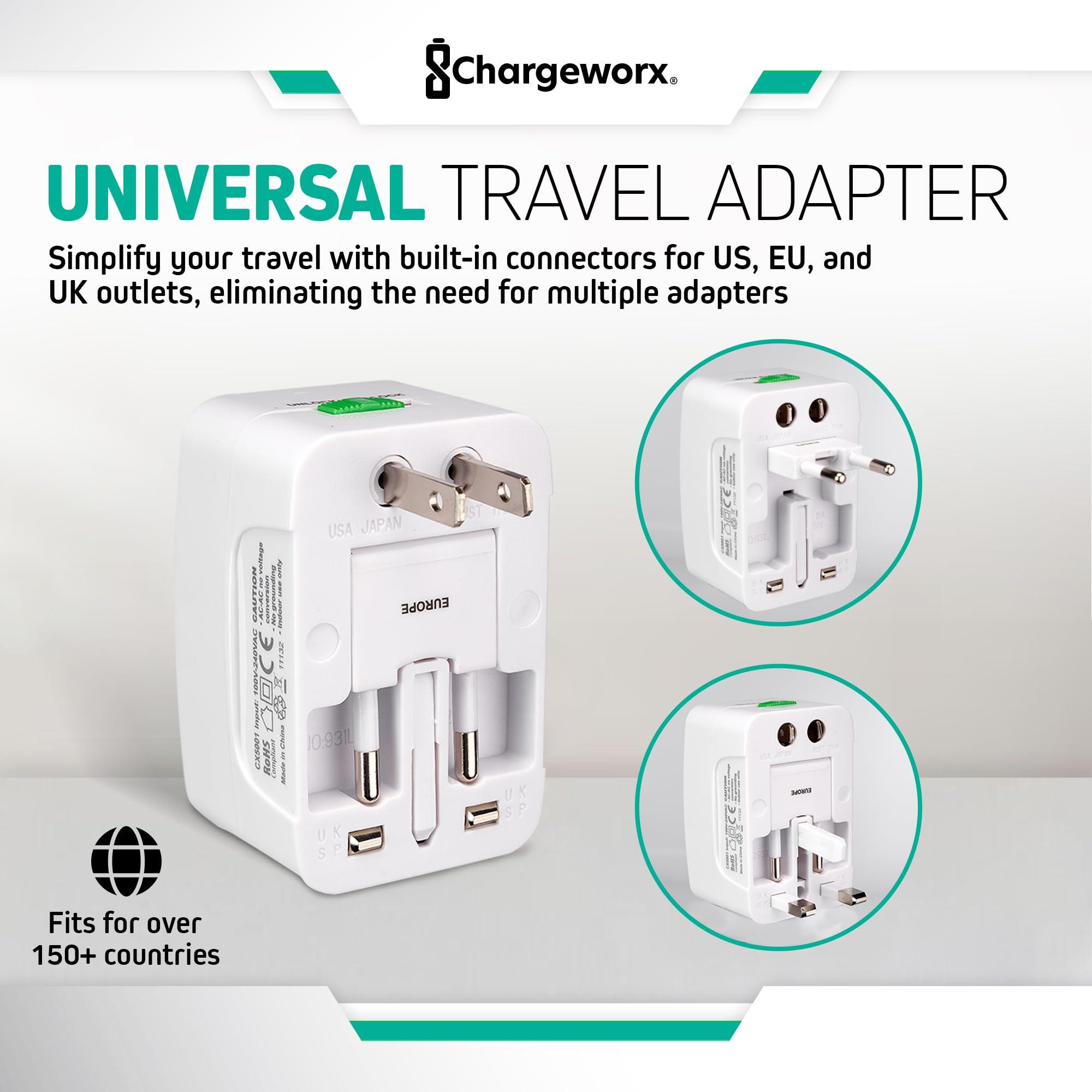 CHARGEWORX ChargeWorx International Power Adapter Plug, US, EU & UK Plugs Built-in, European Travel Plug Adapter, Surge Protector, LED Power Light, Portable Universal Travel Adapter Works in Over 150 Countries
