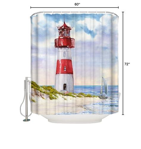 ZOE GARDEN Light-House Shower Curtain Set with Hook 60\"x72\",Washable Cloth Polyester Fabric Shower+Curtain,Waterproof Bath Curtains for Bathroom,Bathtubs Decor Accessories Summer Sea Ocean Nautical Sailboat
