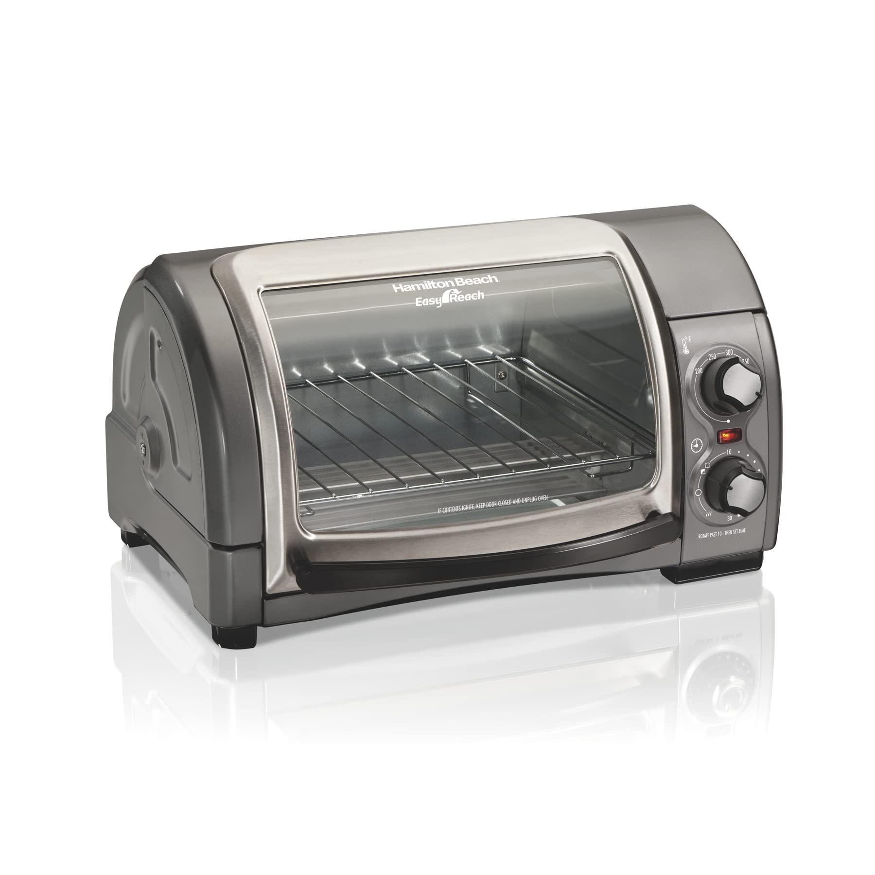 Hamilton Beach Hamilton Beach 6 Slice Countertop Toaster Oven With Easy Reach Roll-Top Door, Bake, Broil & Toast & Easy Reach 4-Slice Countertop Toaster Oven With Roll-Top Door, 1200 Watts, Fits 9 Pizza