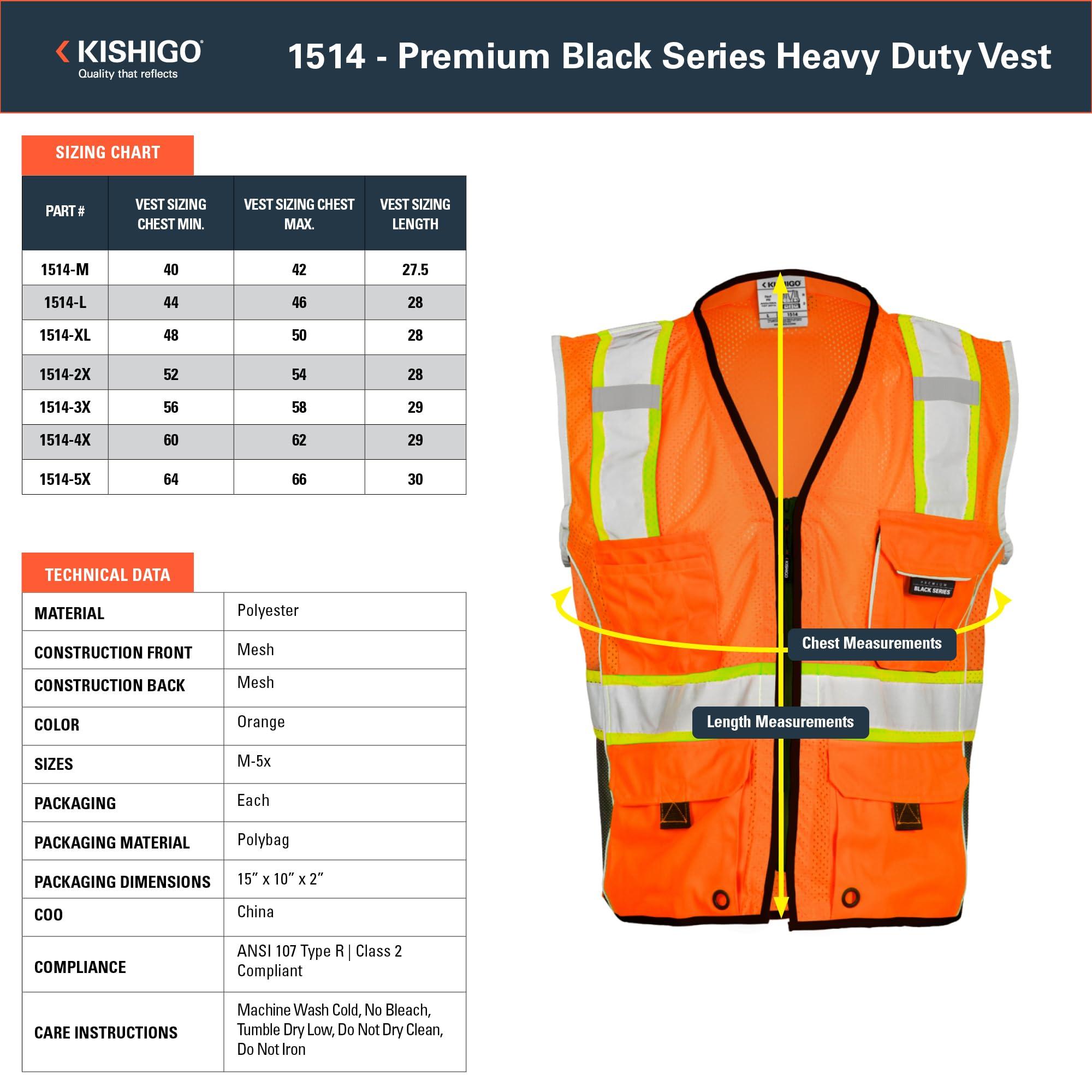 Kishigo Kishigo Premium Black Series Heavy Duty Unisex Reflective Safety Vest 1514, ANSI Type R / Class 2 Compliant, 6 Pockets - Pencil & Radio Pockets, Reflective Silver Lining & Black Trim (Orange, M)