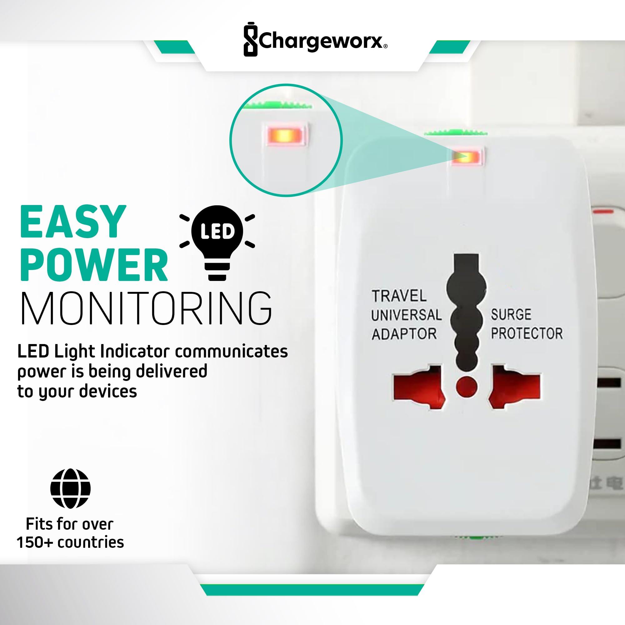 CHARGEWORX ChargeWorx International Power Adapter Plug, US, EU & UK Plugs Built-in, European Travel Plug Adapter, Surge Protector, LED Power Light, Portable Universal Travel Adapter Works in Over 150 Countries