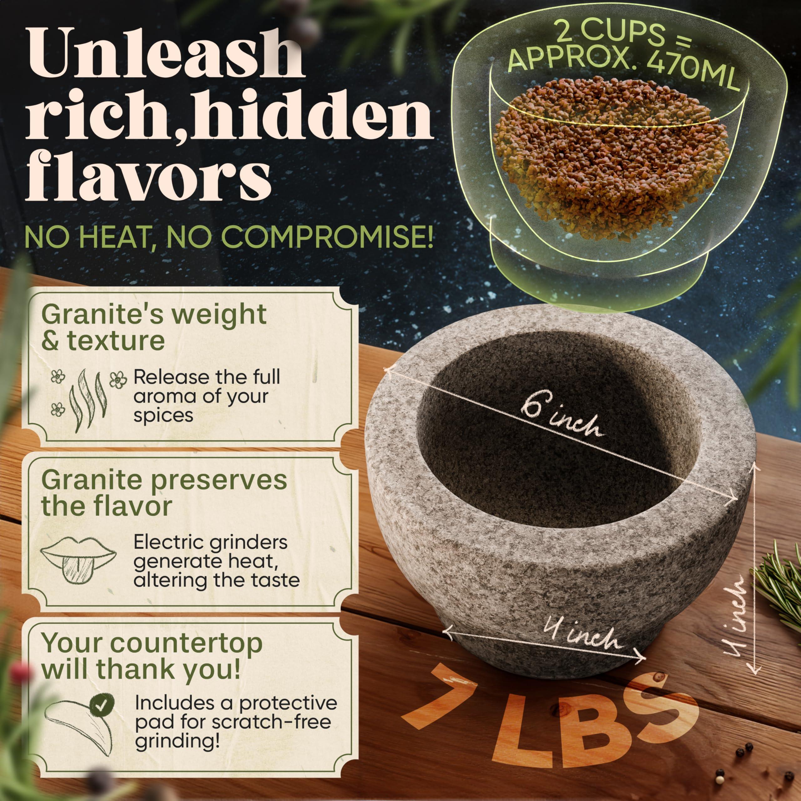 ChefSofi ChefSofi Mortar and Pestle Set - 6 Inch - 2 Cup Capacity - Unpolished Heavy Granite for Enhanced Performance and Organic Appearance - Included: Anti-Scratch Protector