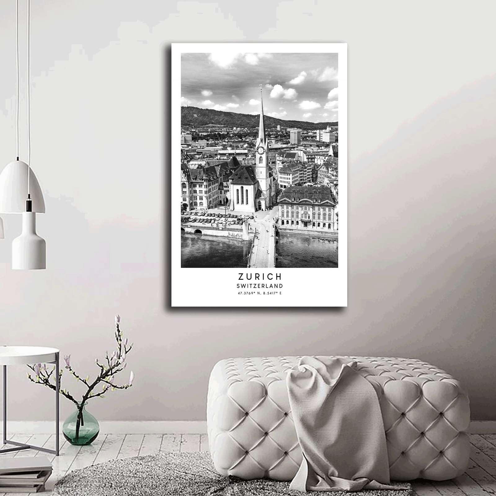 GHTYER Canvas Posters and Prints Wall Art Pictures Zurich Travel Print Black And White Zrich Switzerland Poster Zurich City Print Minimalist Zurich Wall Art Kitchen Dining Room Wall Home Decoration 16x24inch wood Frame