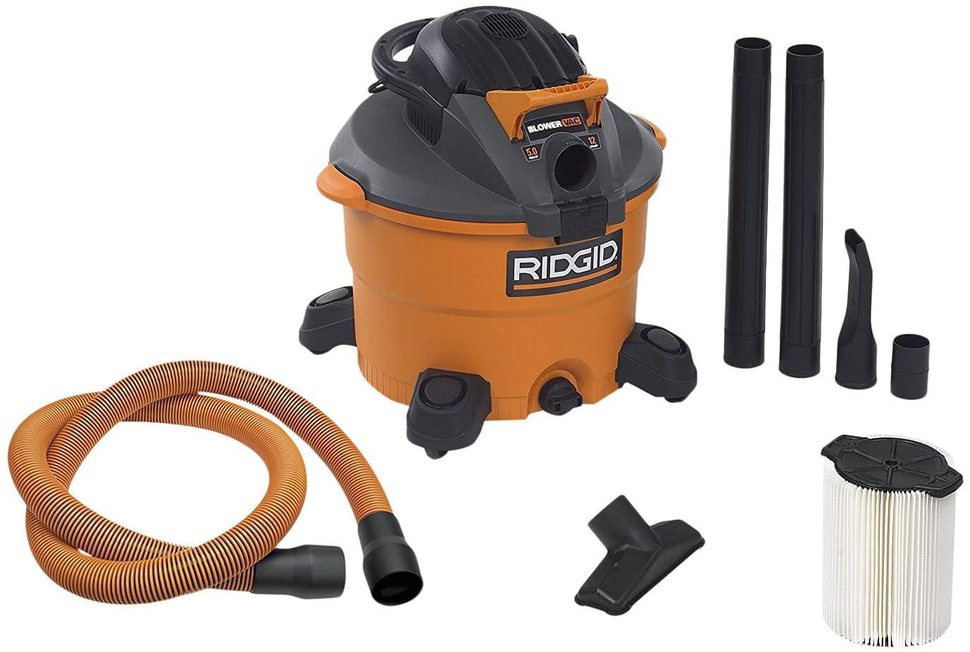 RIDGID RIDGID Wet Dry Vacuums VAC1200 Heavy Duty Wet Dry Vacuum Cleaner and Blower Vac, 12-Gallon, 5.0 Peak Horsepower Detachable Leaf Blower Vacuum Cleaner with Pro-Grade Hose