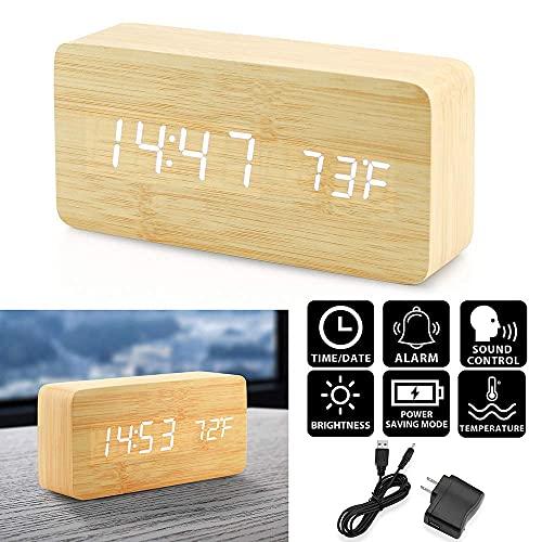 OCT17 OCT17 Wooden Digital Alarm Clock, Wood Fashion Multi-Function LED Alarm Clock with USB Power Supply, Voice Control, Timer, Thermometer - Bamboo