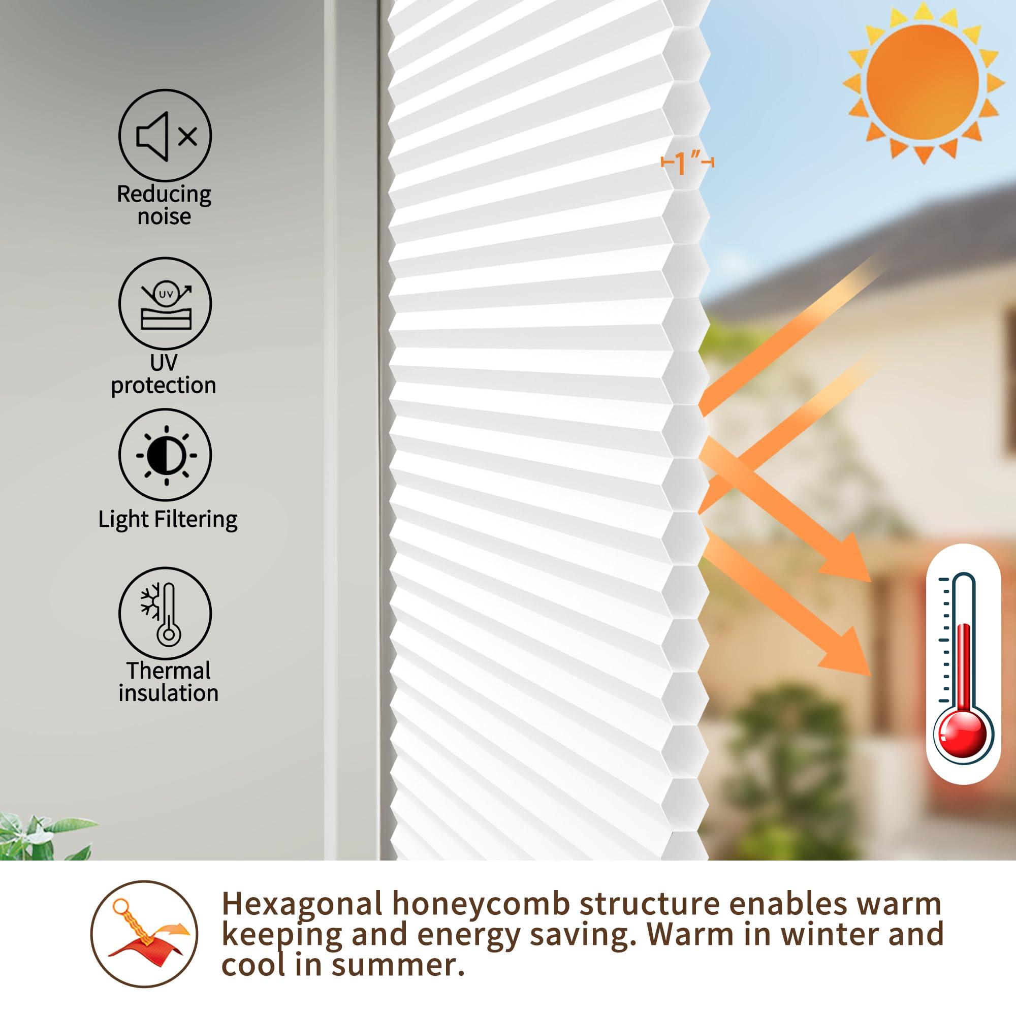 Hiifroy Hiifroy No Tools No Drill Blinds for Indoor Windows,Cordless Top Down Bottom Up Honeycomb Cellular Shades with 1" Fabric,Light Filtering White 30" W x 36" H