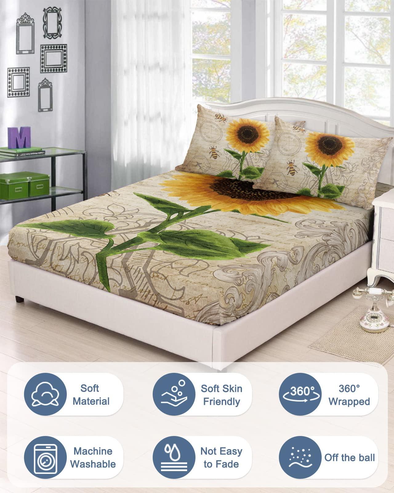 ZFUNCING Spring Sunflowers and Garden Queen Bee Fitted Bed Sheets Twin Size Fit 5-16inch Deep Pockets,Luxury Bottom Sheet Bedding Set with Pillow Case,Old Letter Fitted Sheet for Mattress