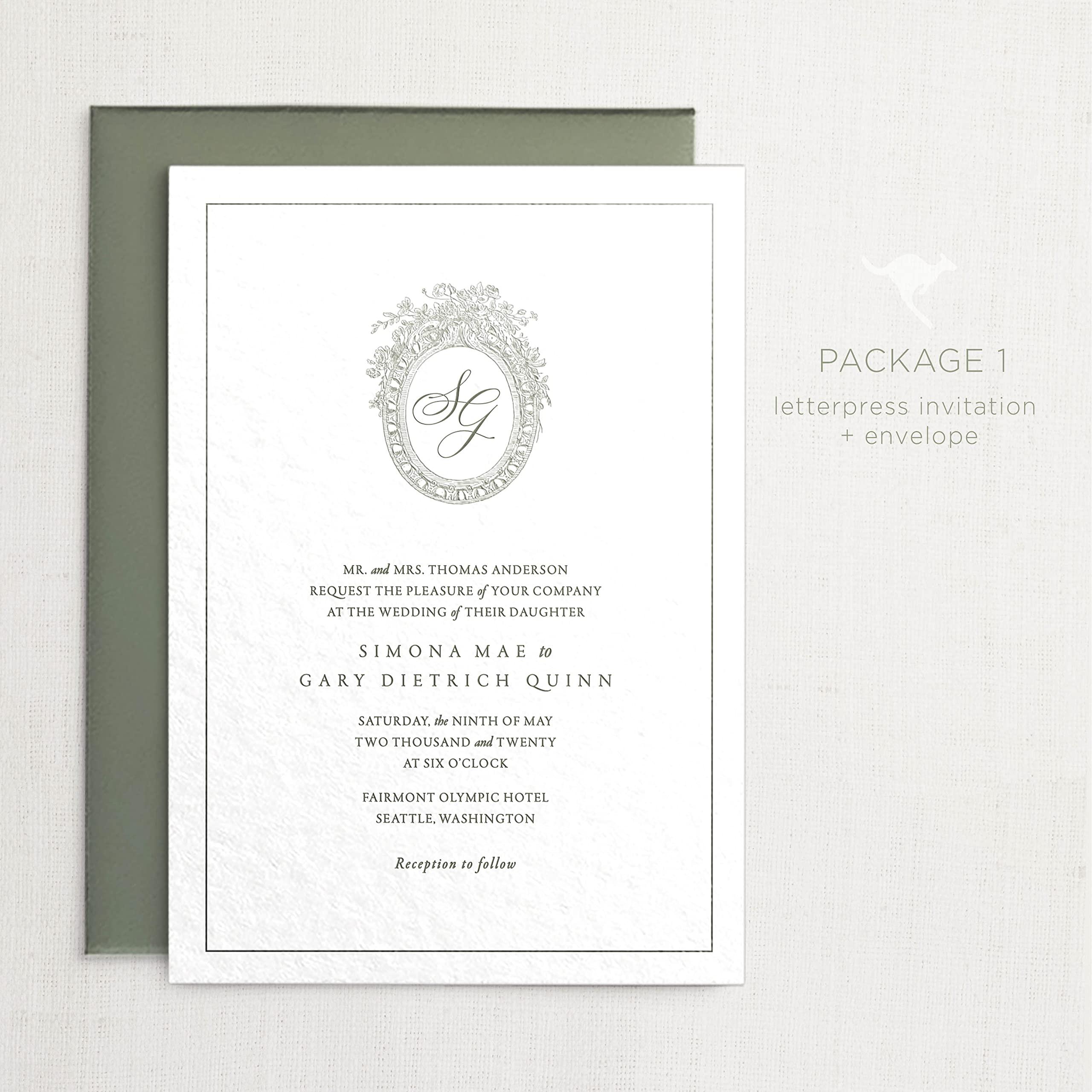 marsupial papers Letterpress Wedding Invitations | Customizable Elegant, Floral, Custom Printed | Simona Wedding Invitation with RSVP Envelopes Details Cards (Set of 150, Package 3)