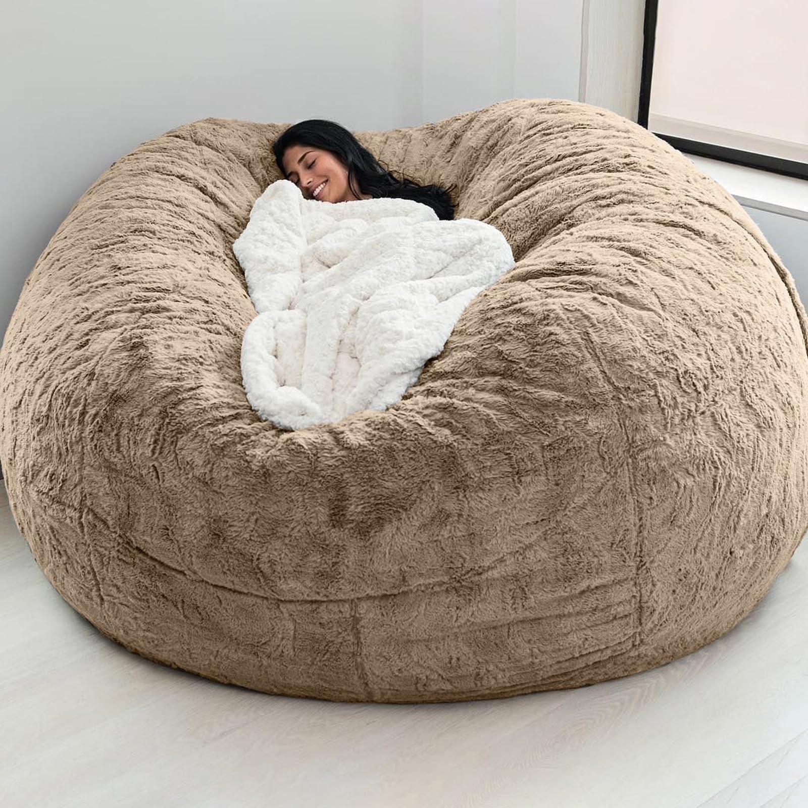 YUMOMUY (Cover only, No Filler) Giant Fur Bean Bag Chair Cover for Kids Adults, Living Room Furniture Big Round Soft Fluffy Faux Fur Beanbag Lazy Sofa Bed Cover (Light Brown, 7FT)