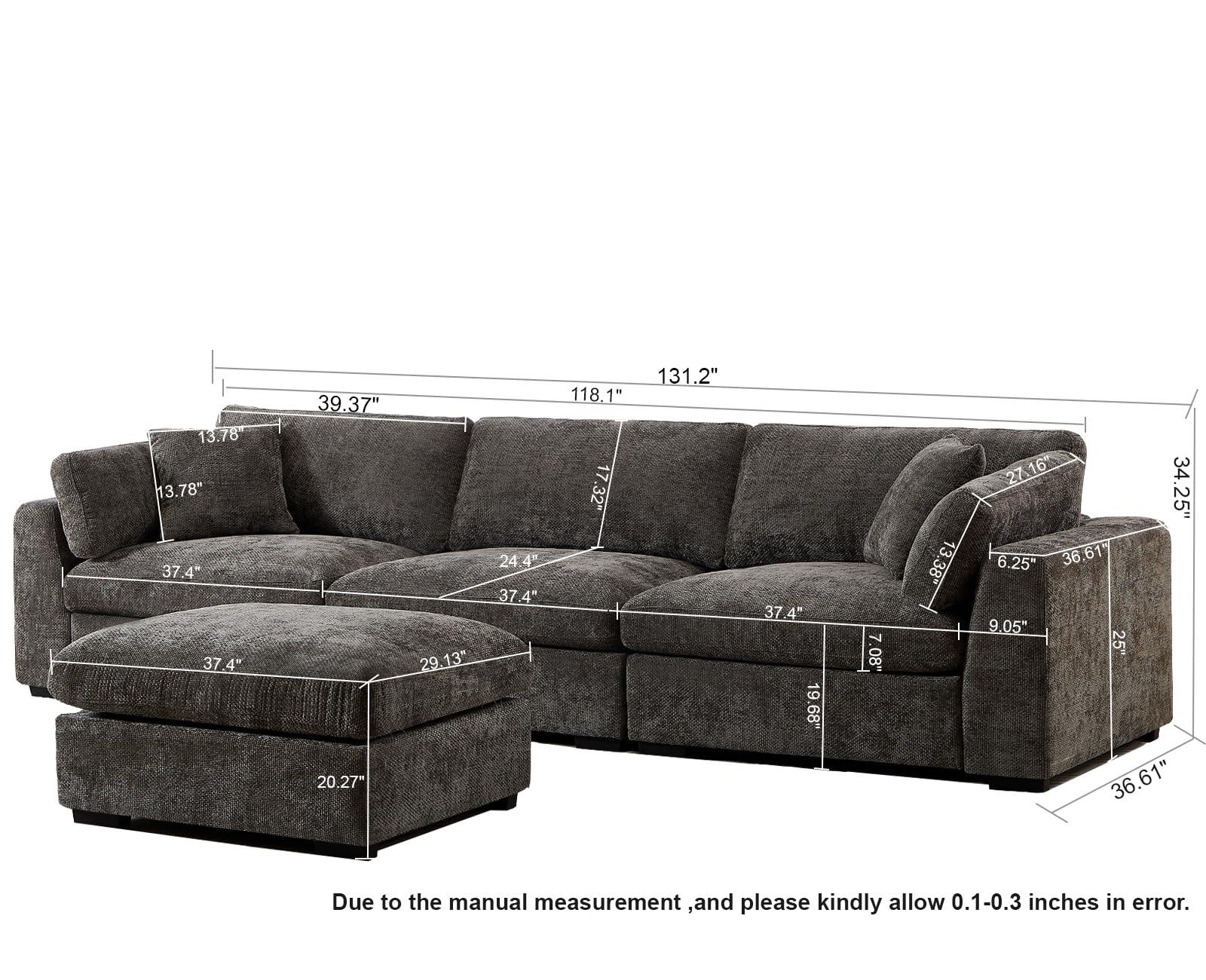Flesser Deep Sectional Sofa 3 Seater Cloud Couch with Ottoman, 132" Modular Couch with Deep Seat, Oversized Chenille Big Sofa for Living Room, Apartment, with Pillows(Dark Grey)