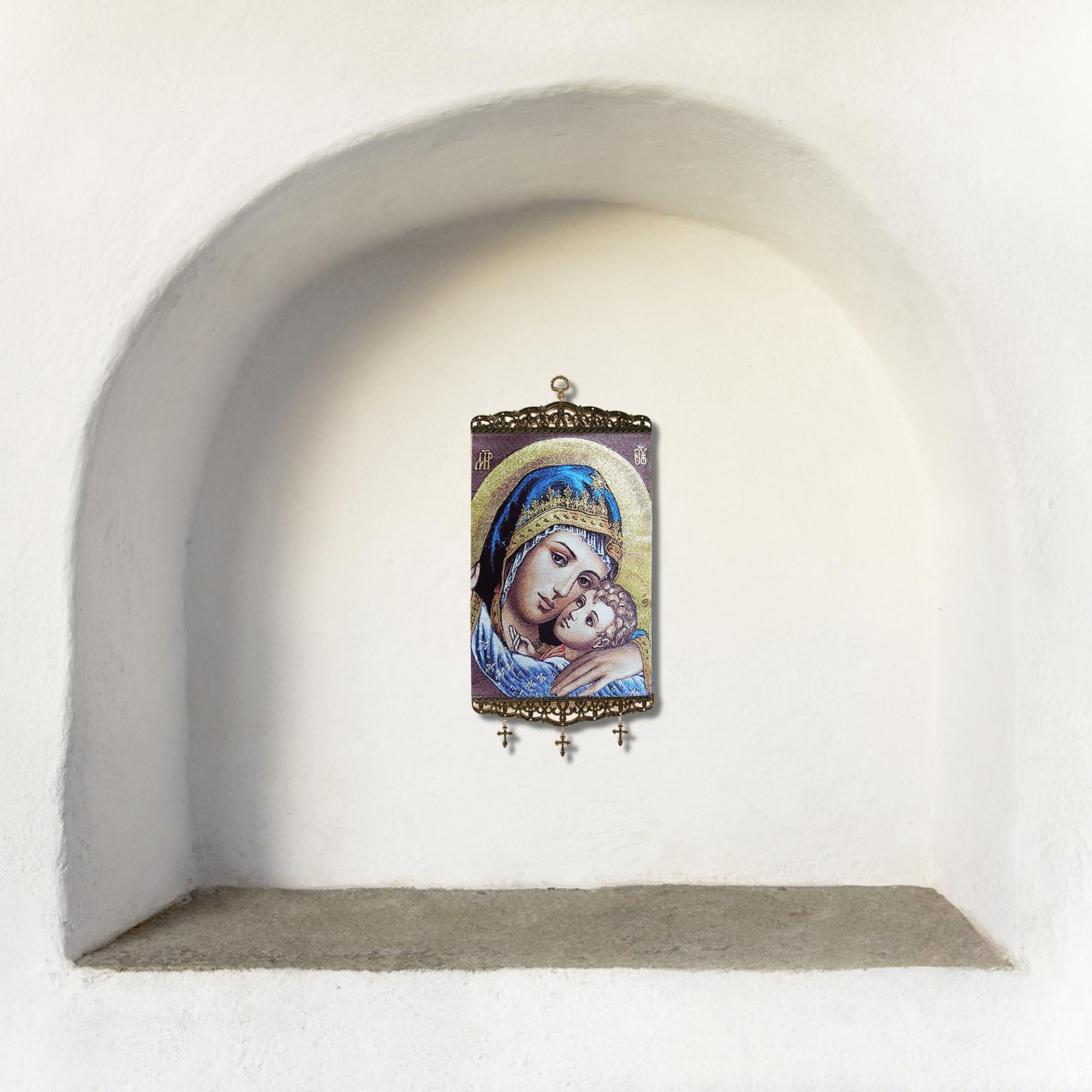 Needzo Sweet Kissing Madonna & Child Tapestry Icon Banner with Crosses - 17 x 8 Inches