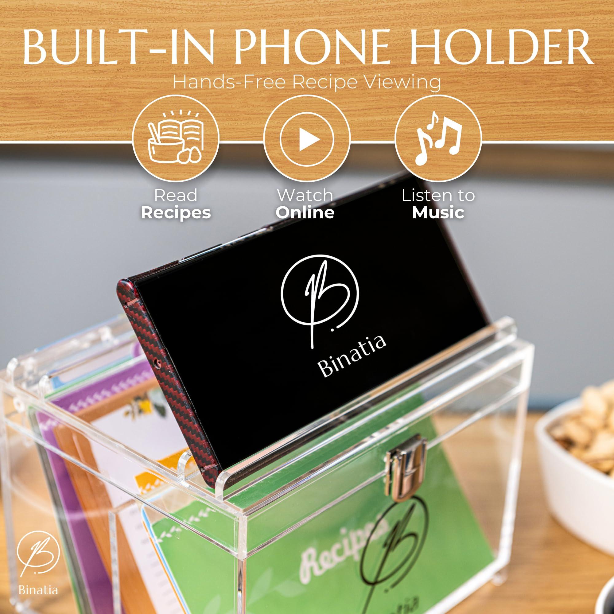 Binatia Recipe Box 50 Double-Sided Cards 4x6 Recipe cardsClear Acrylic Organizer with, Index Card Holder, Dividers, Bonus Recipe Book for Personalizing Your Own Recipes, Dimensions: 7.08\"x5.51\"x5.31\"
