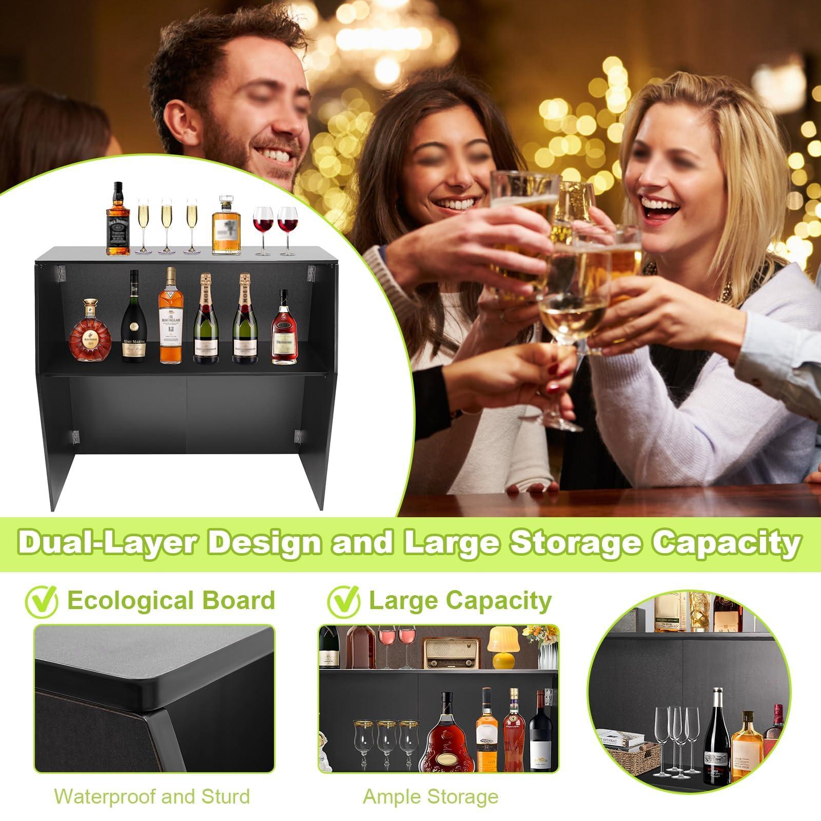 Akynjtbca Akynjtbca Bar Table Cabinet 42\" Tall Portable Event Bar, Farmhouse Coffee Bar Cabinet with Top and Middle Shelves, Foldable Bartender Station for Home&Parties (Black + Black Aluminum Cladding)
