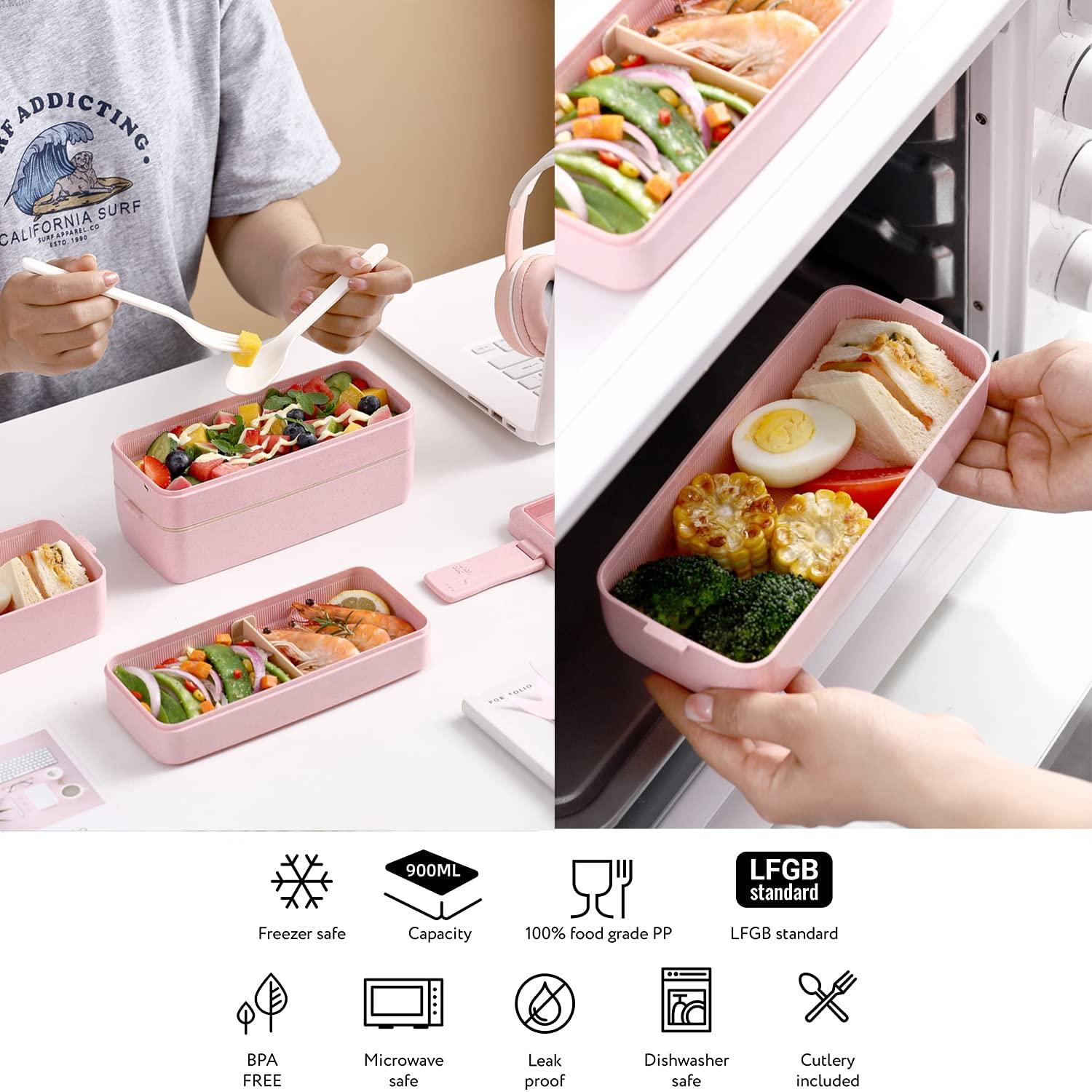 Rarapop Rarapop 2 Pack Stackable Bento Box Japanese Lunch Box Kit with Spoon & Fork, 3-In-1 Compartment Wheat Straw Meal Prep Containers for Kids & Adults (Pink/Beige)
