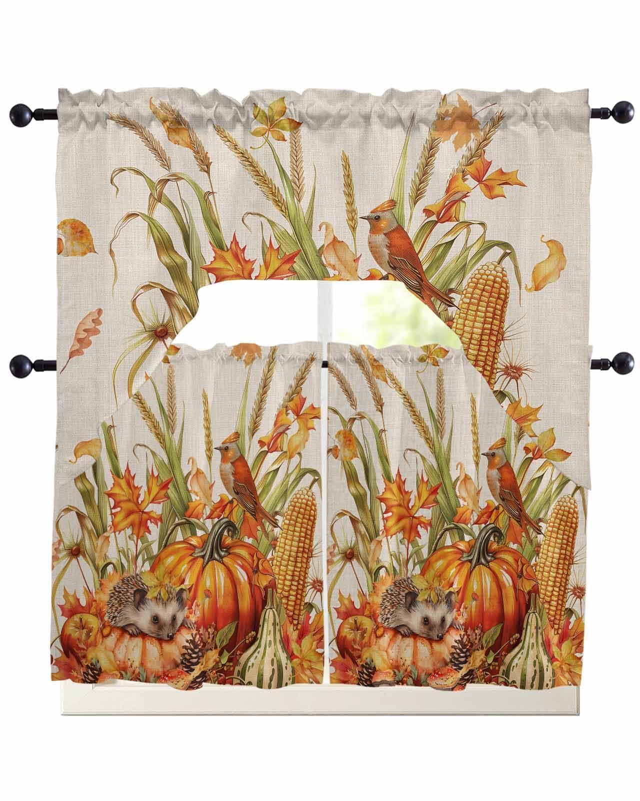 Onekaccu Fall Pumpkins Swag Curtains Valance and Tier Set,Rod Pocket Curtain Drapes for Bathroom Over Sink Kitchen Curtains 3 Piece Set Thanksgiving Autumn Orange Beige Wheat Swag Valances 24 inches Tiers