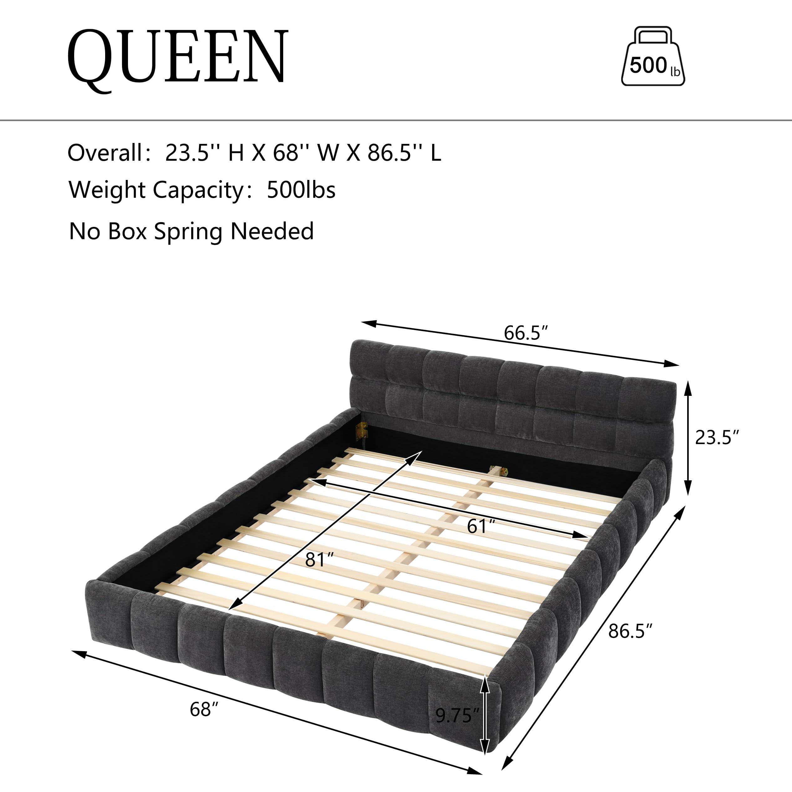 DEINPPA DEINPPA Queen Chenille Upholstered Platform Bed with Cloud Soft Headboard, Grounded Upholstered Wood Base Platform Bed, Italian Style Modern Beds-Grey