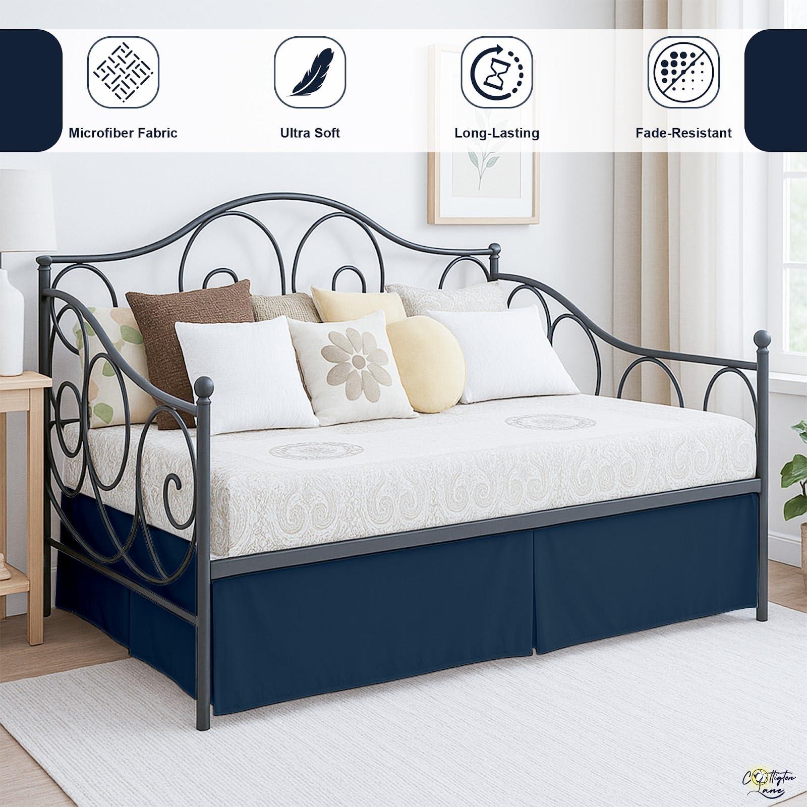 Cottington Lane Pleated Bed Skirt with Split Corners for Daybeds - Three Side Coverage - Made with Brushed Microfiber - Navy Blue Daybed Dust Ruffle Split Corners - Full 21 Inches Drop Daybed Skirt(Full/21\" Drop)