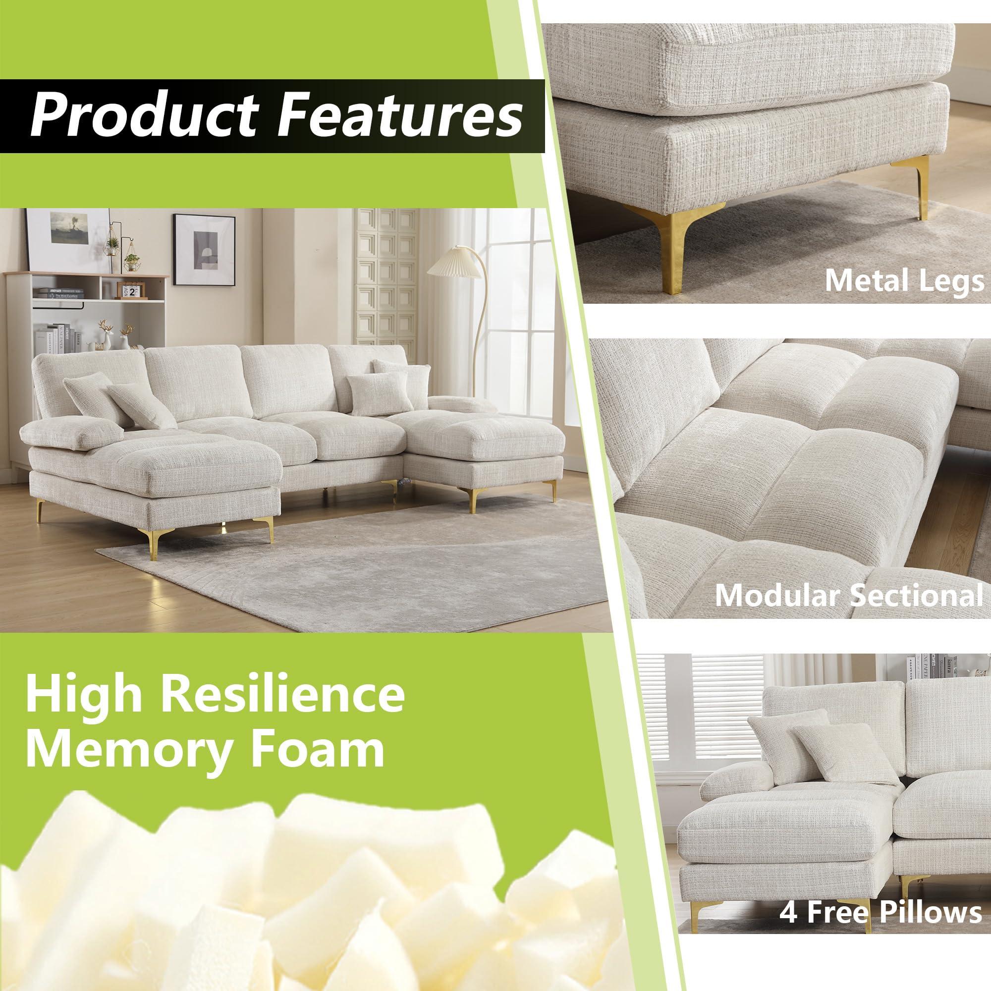 STLVUEO STLVUEO U-Shape Modular Sectional Sofa Chenille Fabric, 4-Seater Living Room Couch with Double Extra-Wide Chaise Lounge, Reversible Sleeper Sofa with Throw Pillows - 114.17" for Living Room, Beige