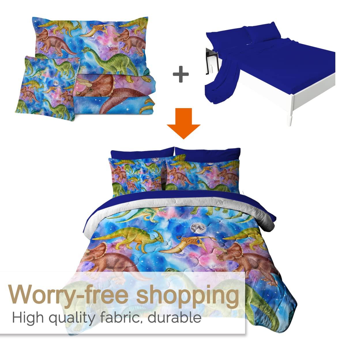 BlessLiving BlessLiving Dinosaur Queen Bedding Sets for Boys - Blue Space Bedding, 8 Piece Bed in a Bag, Kids Comforter Sets with Sheets (Queen)