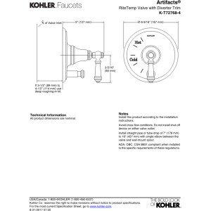 Kohler Kohler K-T72768-4-CP Artifacts Rite-Temp Pressure-Balancing Valve Trim with Push-Button Diverter and Lever Handle, Polished Chrome
