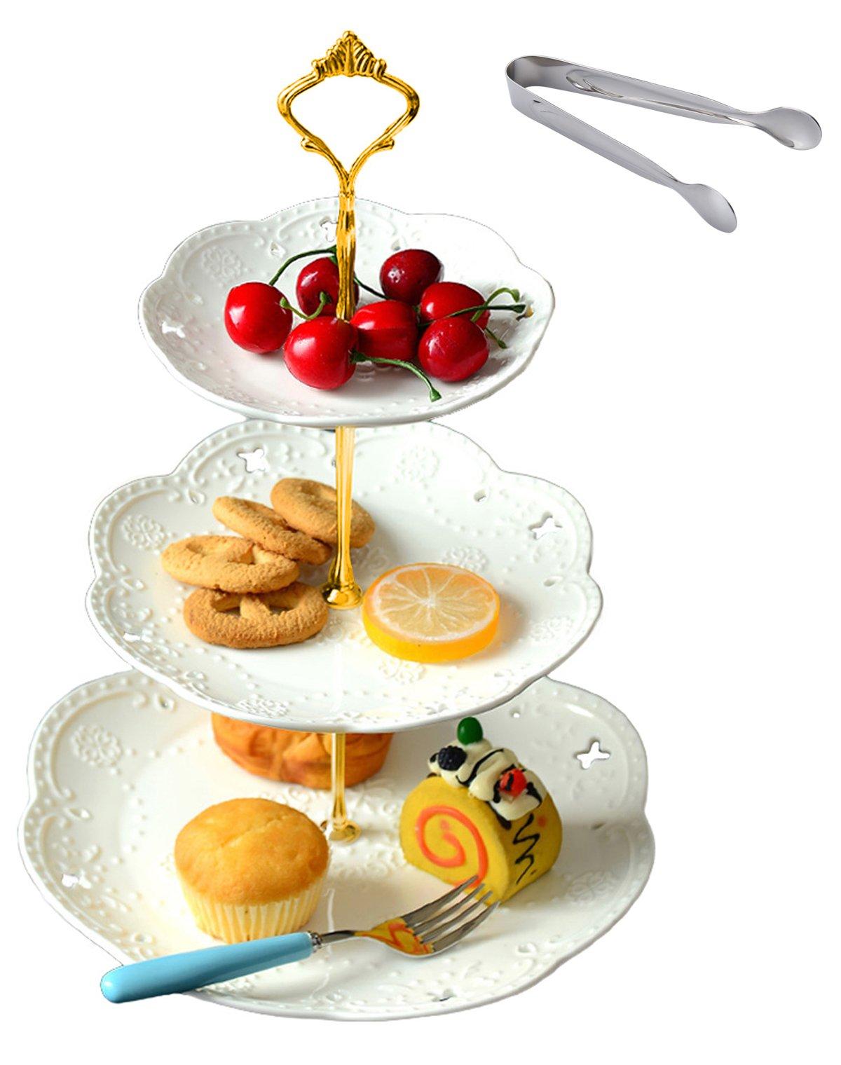 Jusalpha Jusalpha Cupcake Stand 3 Tier White Porcelain Cake Stand Dessert Stand Tea Party Serving Platter, Comes in a Gift Box- Free Sugar Tong (White)