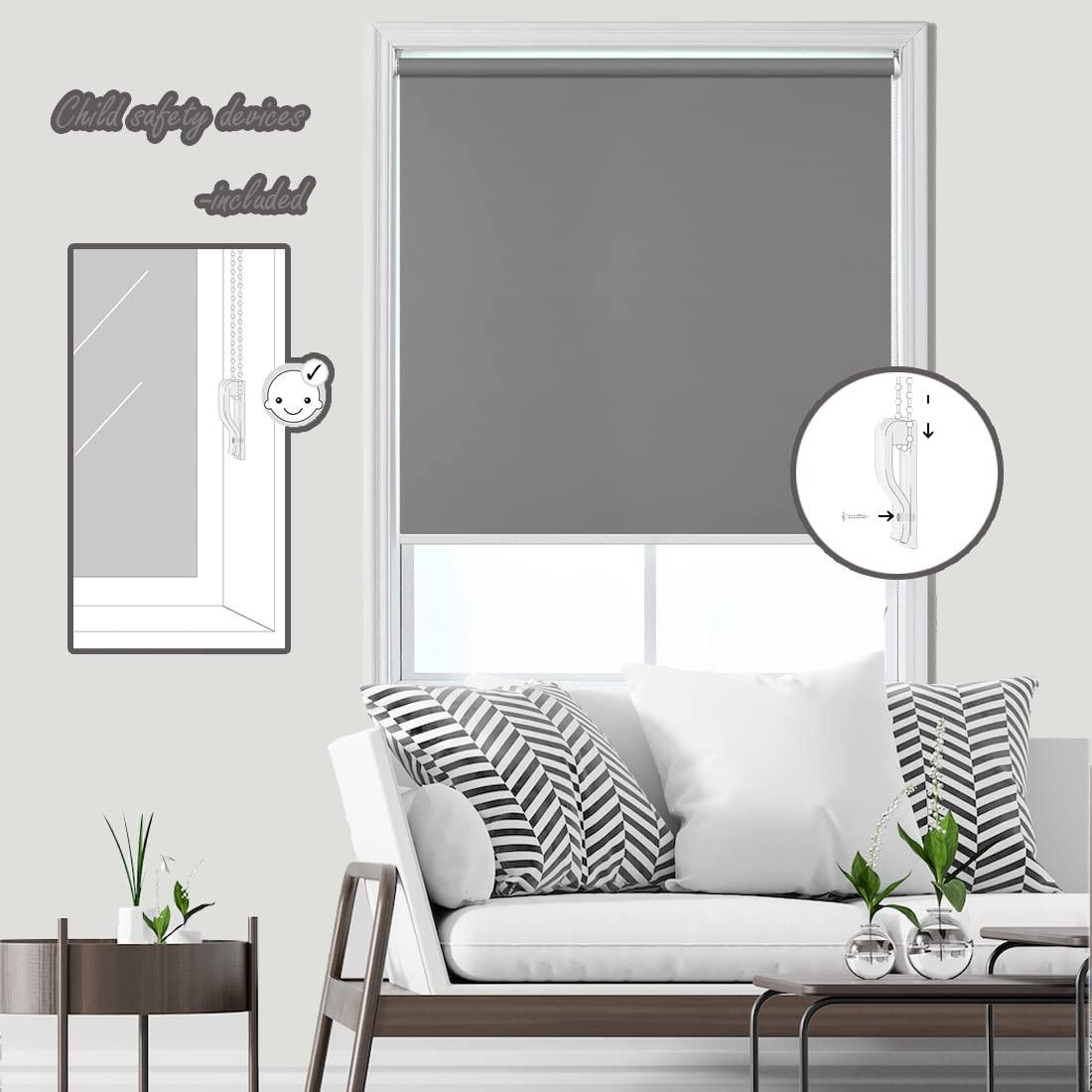fhsblinds FHSBLINDS Custom Blinds for Windows Roller Shades for Windows-Room Darkening Waterproof Blackout Window Blinds & Shades for Home Kitchen Bedroom Office (Grey 100% Blackout, 64" W x 48" H)