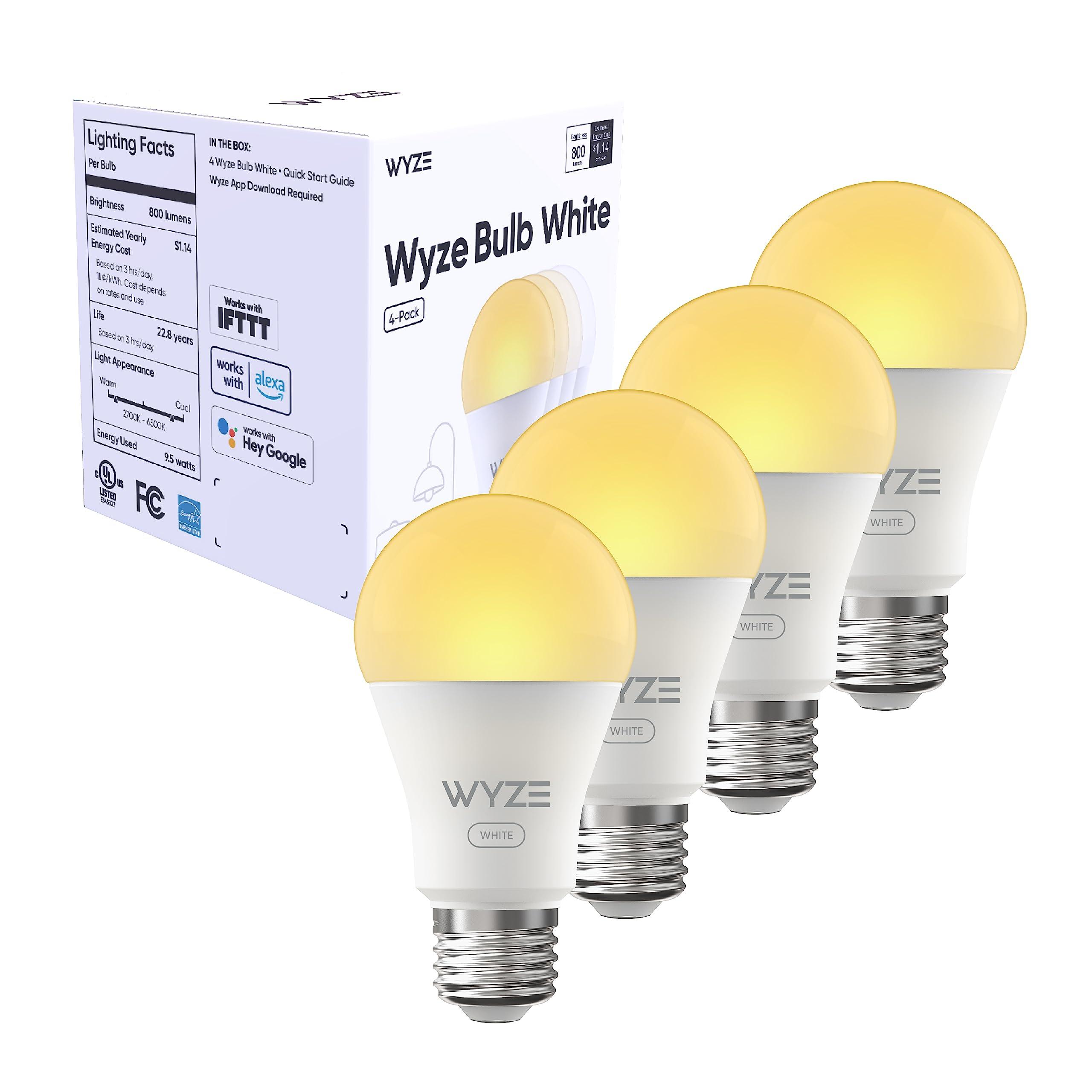 WYZE WYZE Bulb White, 800 Lumen, 90+CRI WiFi Tunable-White A19 Smart Light Bulb, Compatible with Alexa and Google Assistant, Four-Pack