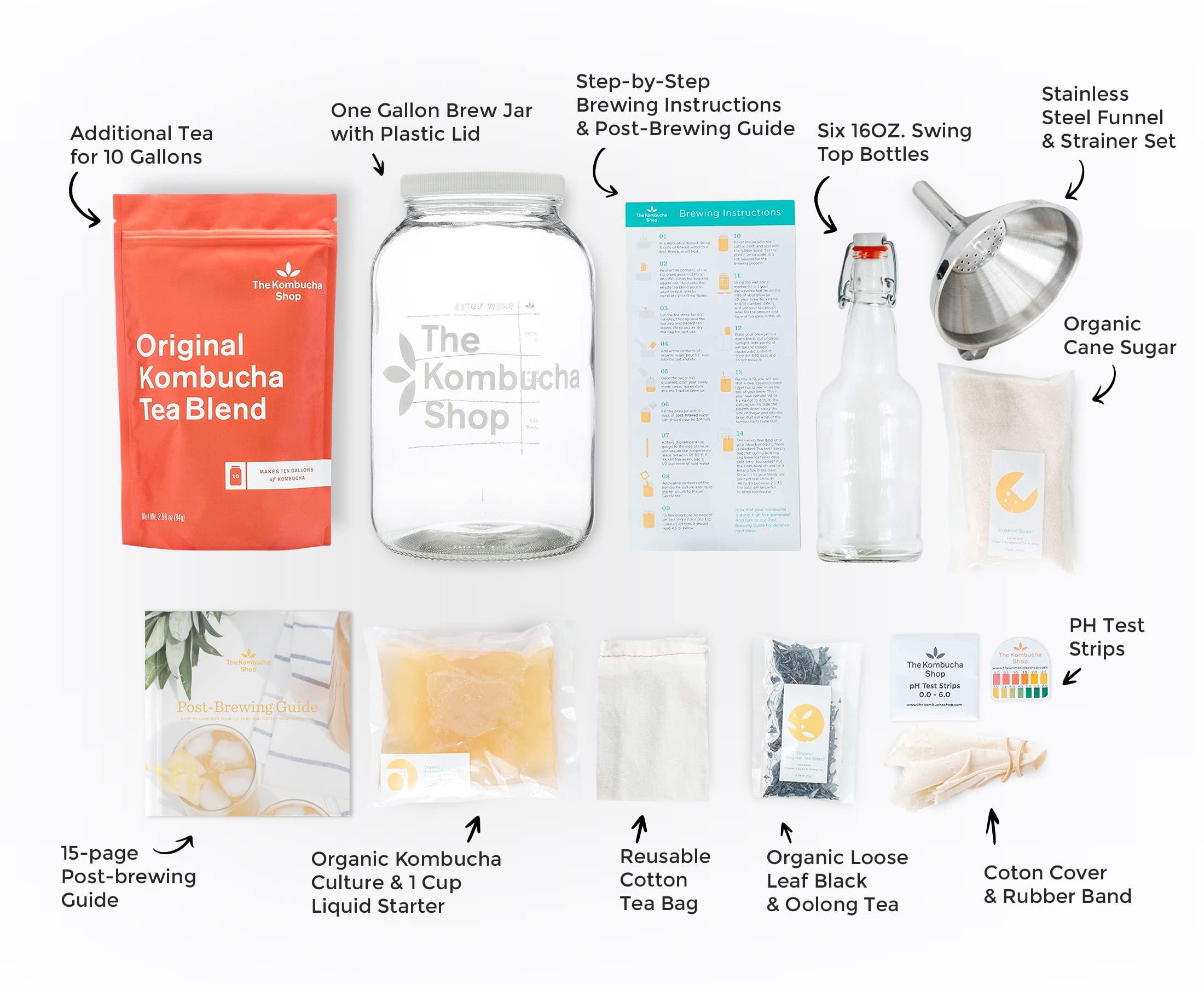 The Kombucha Shop The Kombucha Shop, Deluxe Kombucha Brewing Kit with Tea to Make an Additional 10 Gallons - Six Swing Top Bottles, Stainless Steel Funnel, Custom Bottle Brush, 10 Gallon Tea & Our Original Brewing Kit