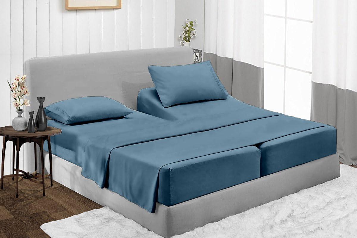 Neighbourhood Home Split California King Egyptian Cotton Sheets Sets for Adjustable Bed 22-Inch Extra Deep Pocket- 1000-Thread-Count, 100% Egyptian Cotton 5-PC Sheet Set Soft Breathable Sateen Weave - Mediterranean Blue