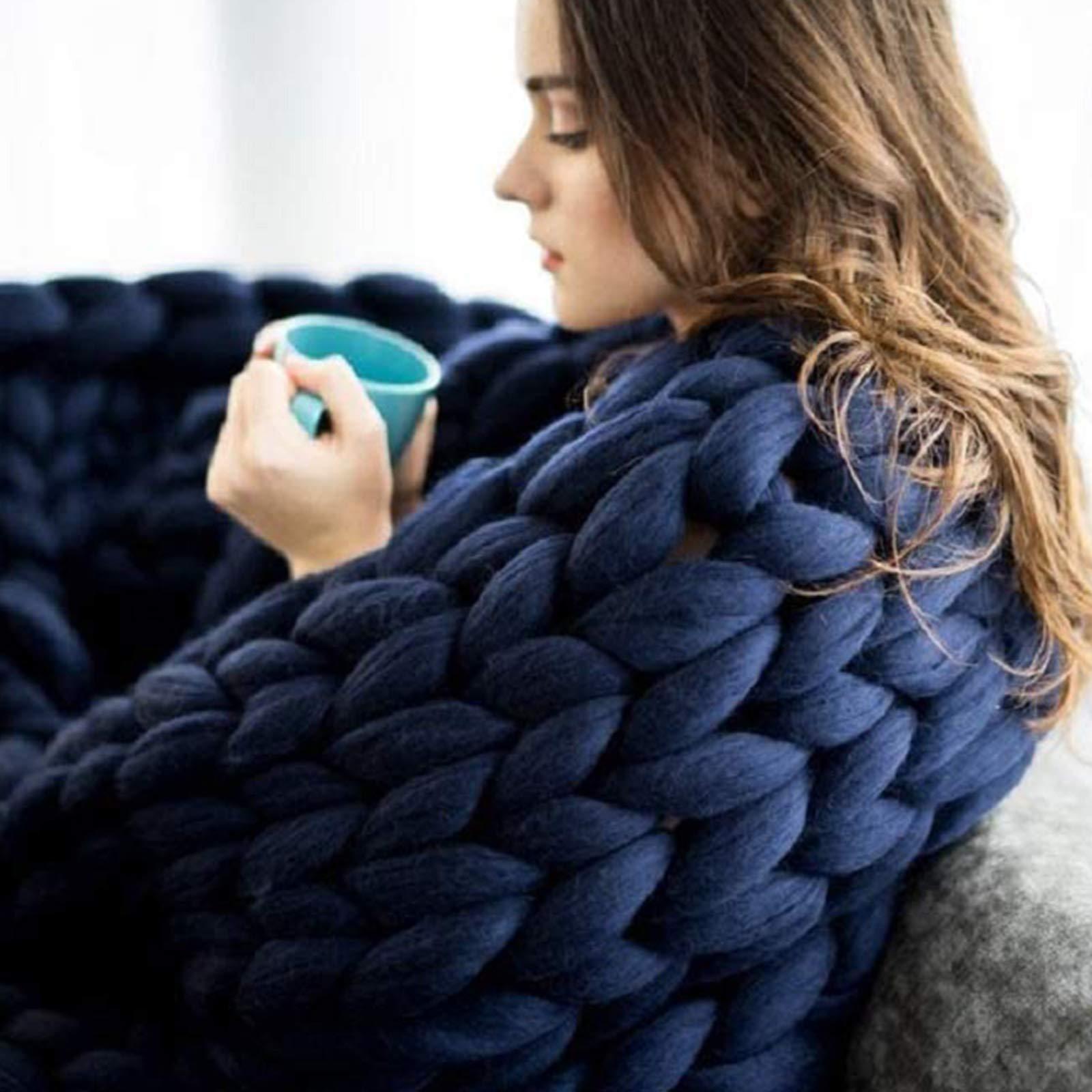 BWBG BWBG Handmade Chunky Throw Blankets Navy, Chunky Knit Throw Blanket Soft Cozy Synthetic Wool Warm and Cozy Knitting Throw for Bedroom Decor Chair Sofa Pet Mat-71x80inch
