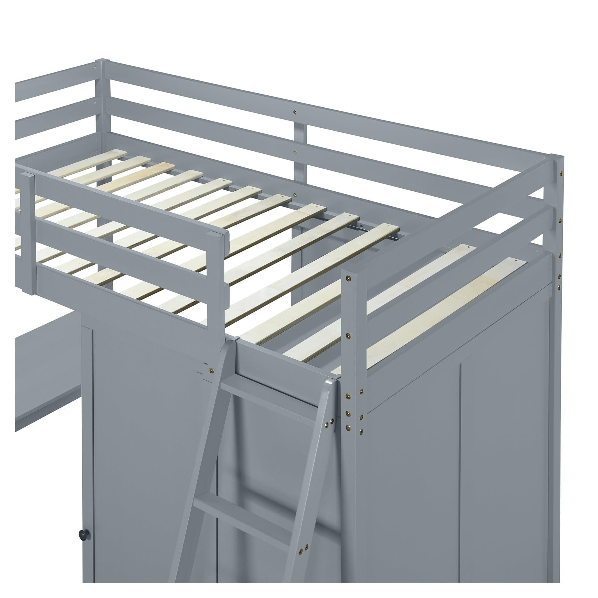 PAHKEN PAHKEN Wood Loft Bed with Wardrobe and Desk,Twin Bed Frame