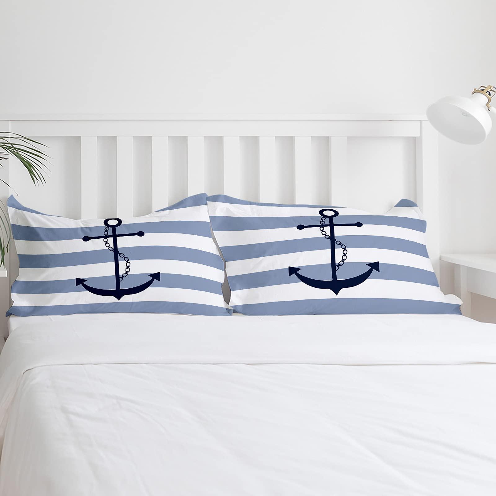 YESOF66 YESOF66 Zipper Duvet Cover Set Soft Comforter Cover Set for Girls Boys,Nautical Anchor Sky Blue and White Striped Daisy Bedding Sets Twill Plush Bed Sheet Set,Twin Size