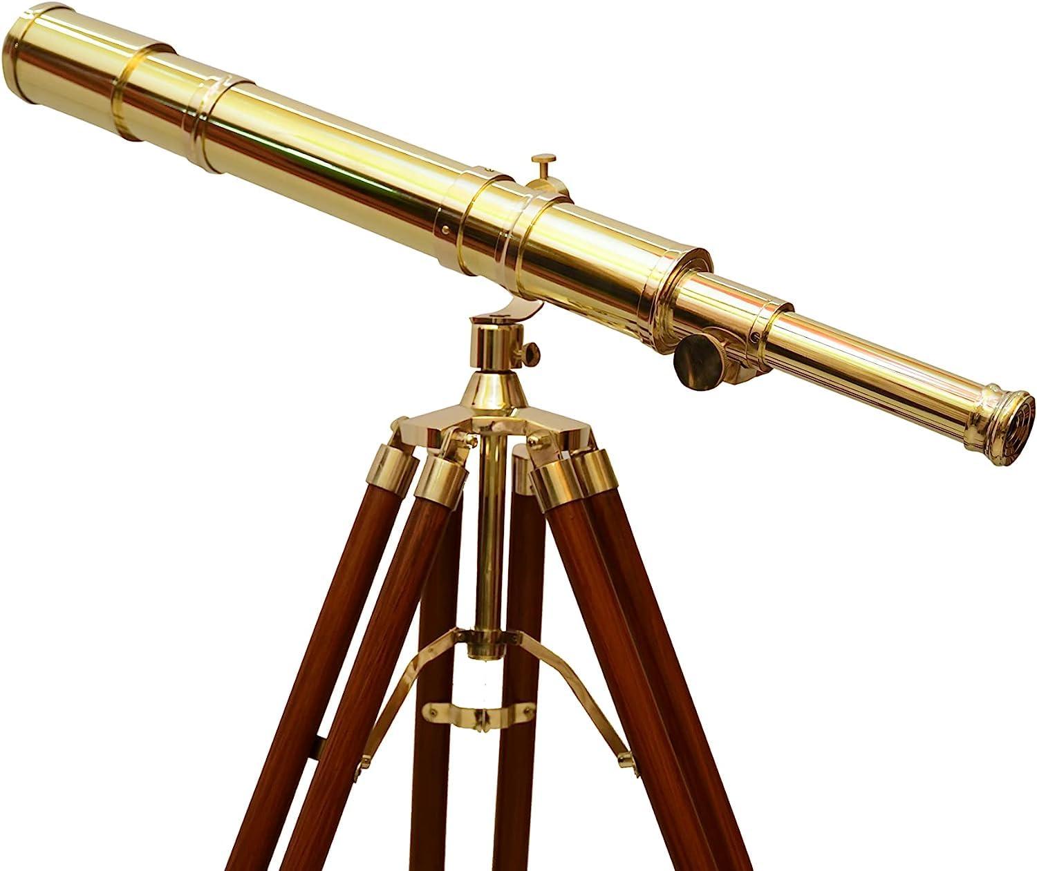 NAVIROCK Navirock Nautical Marine Navy Telescope Solid Brass Shiny Brass Telescope with Wooden Tripod Adjustable Brown Stand with Chrome Compass