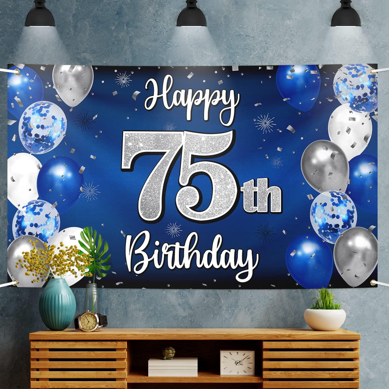 Nelbiirth Nelbiirth Happy 75th Birthday Decorations,75th Blue & Silver Balloon Large Birthday Banner Backdrop Sign,75th Bday Party Supplies.