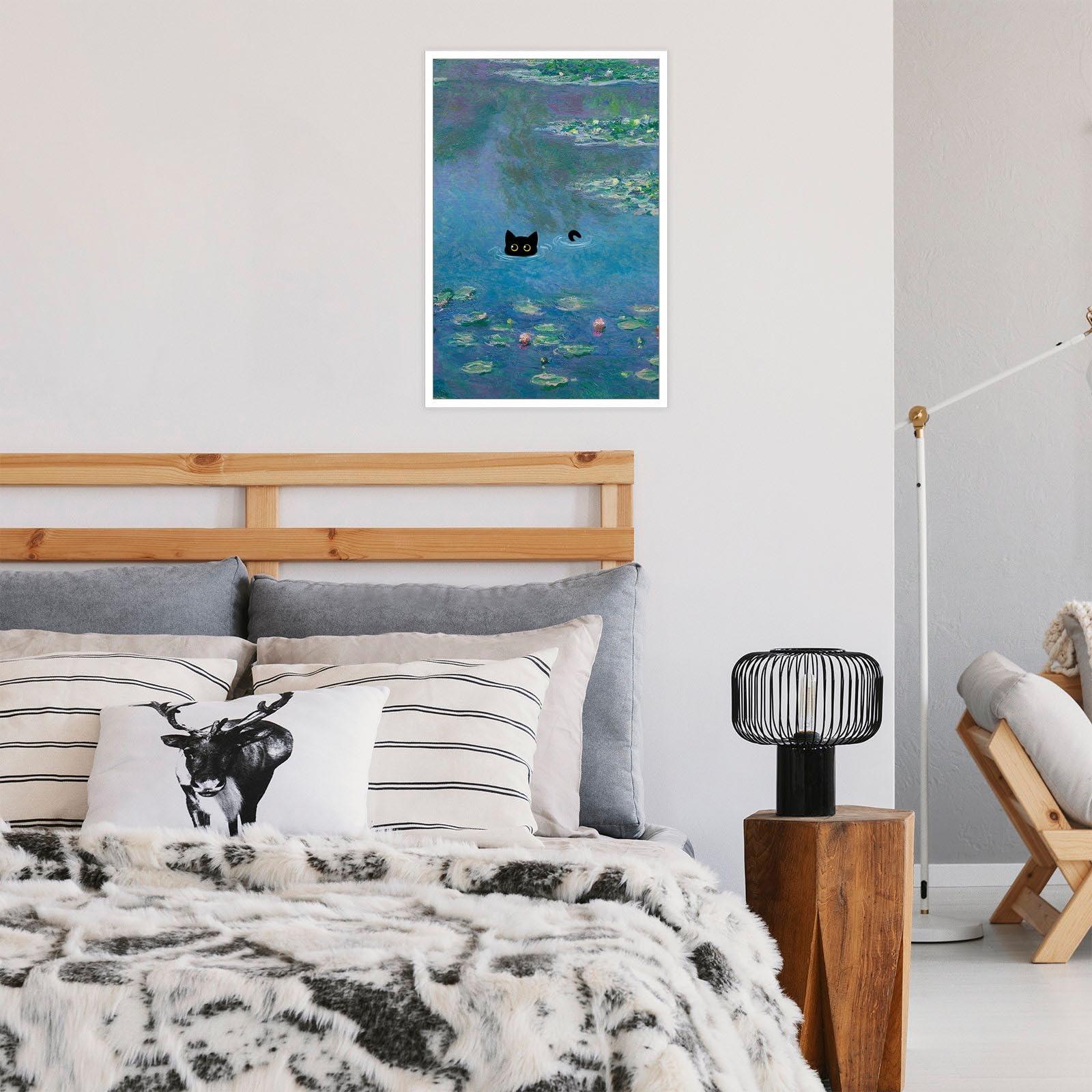 YODOOLTLY YODOOLTLY Retro Canvas Monet Waterlily Cat Print Posters Funny Water Lillies Black Cat Prints Painting Eclectic Cute Preppy Aesthetic Room Decor For Bedroom Bathroom 16x24in Unframed