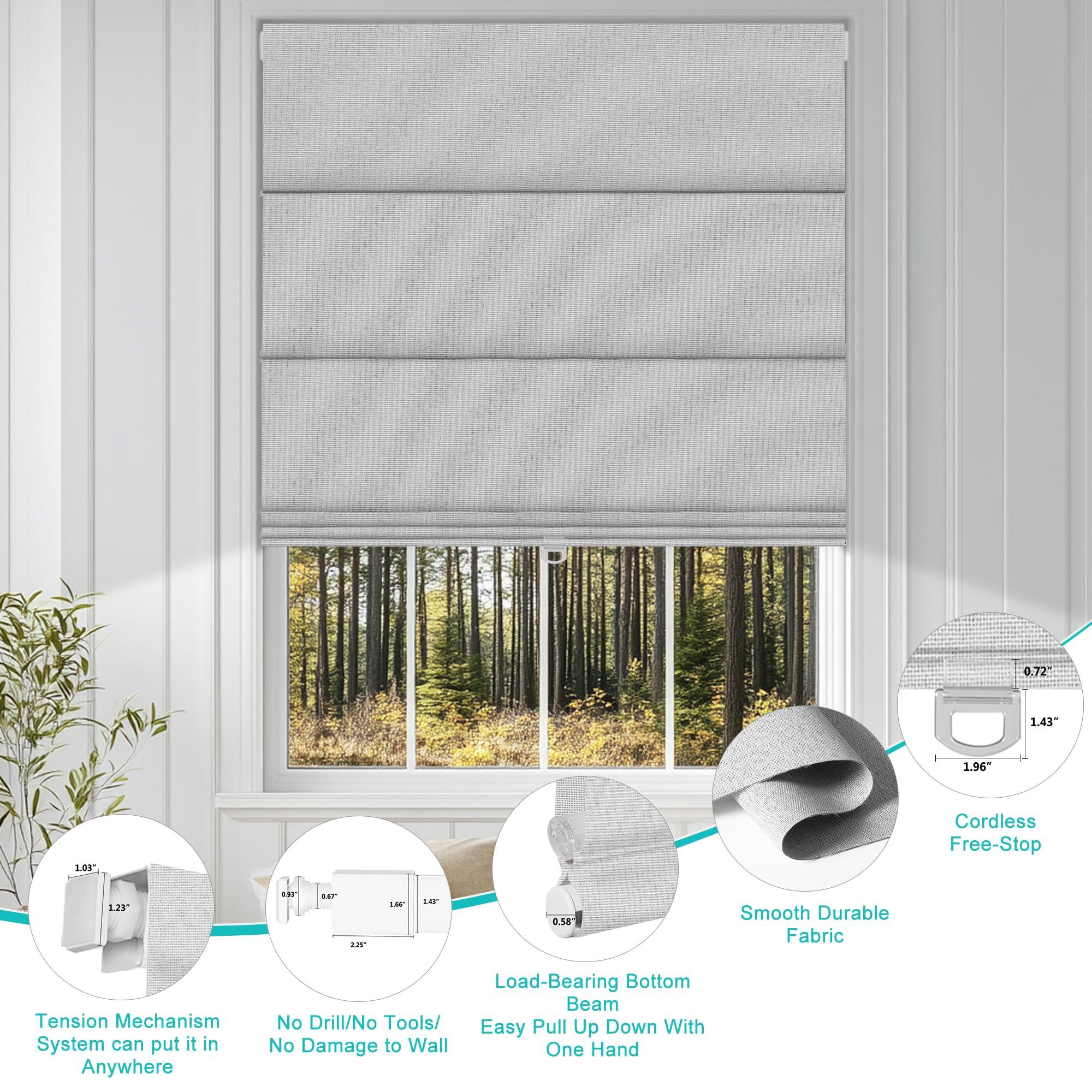 BERISSA BERISSA No Drill Cordless Blackout Roman Shades, Room Darkening Roll up Blinds, Easy Install Linen Window Shades for Inside Mount, 60" W x 66" H, Jacquard White