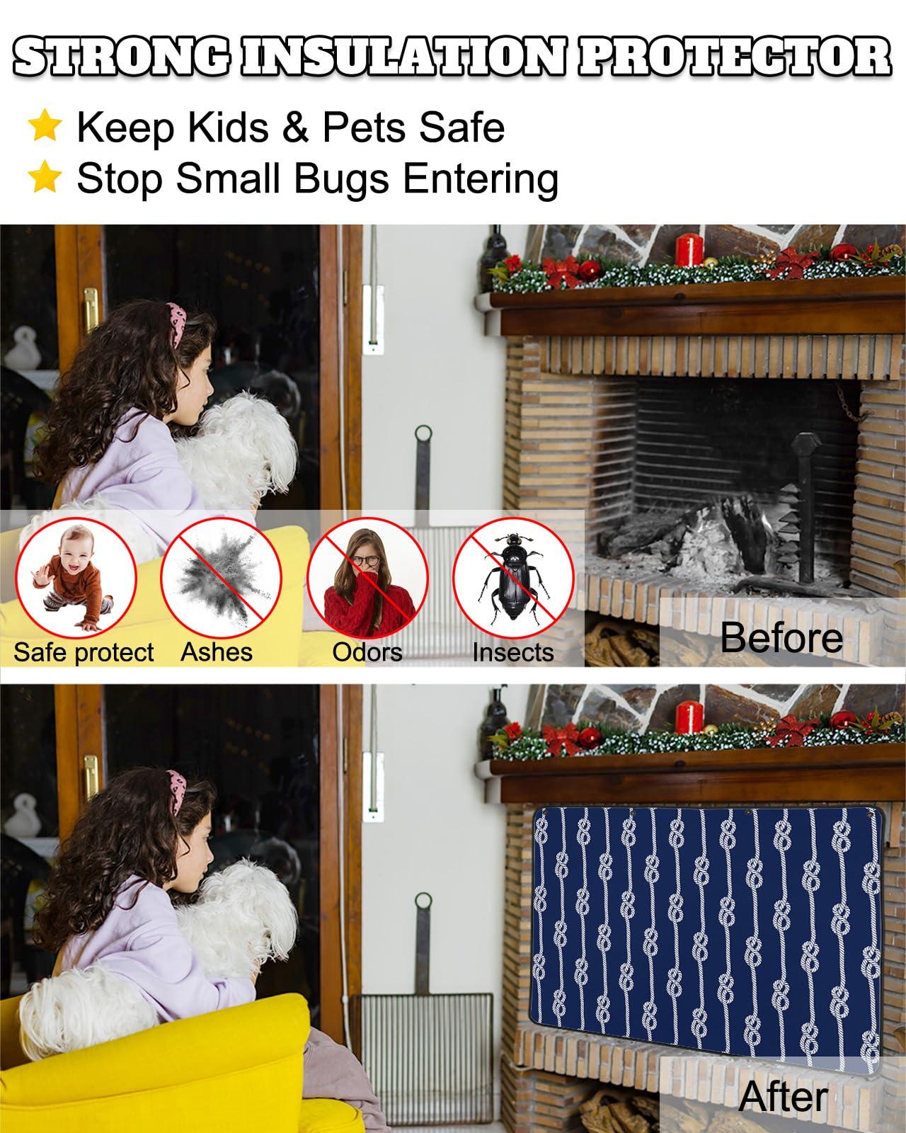 Shine-Home Nautical Knot Magnetic Fireplace Cover Decorative Indoor For Brick Fireplace, Insulation Fireplace Blocker Blanket Draft Stop Hot Heat Save Energy, Ocean Beach Sailboat Navy Blue 39\"Wx32\"H