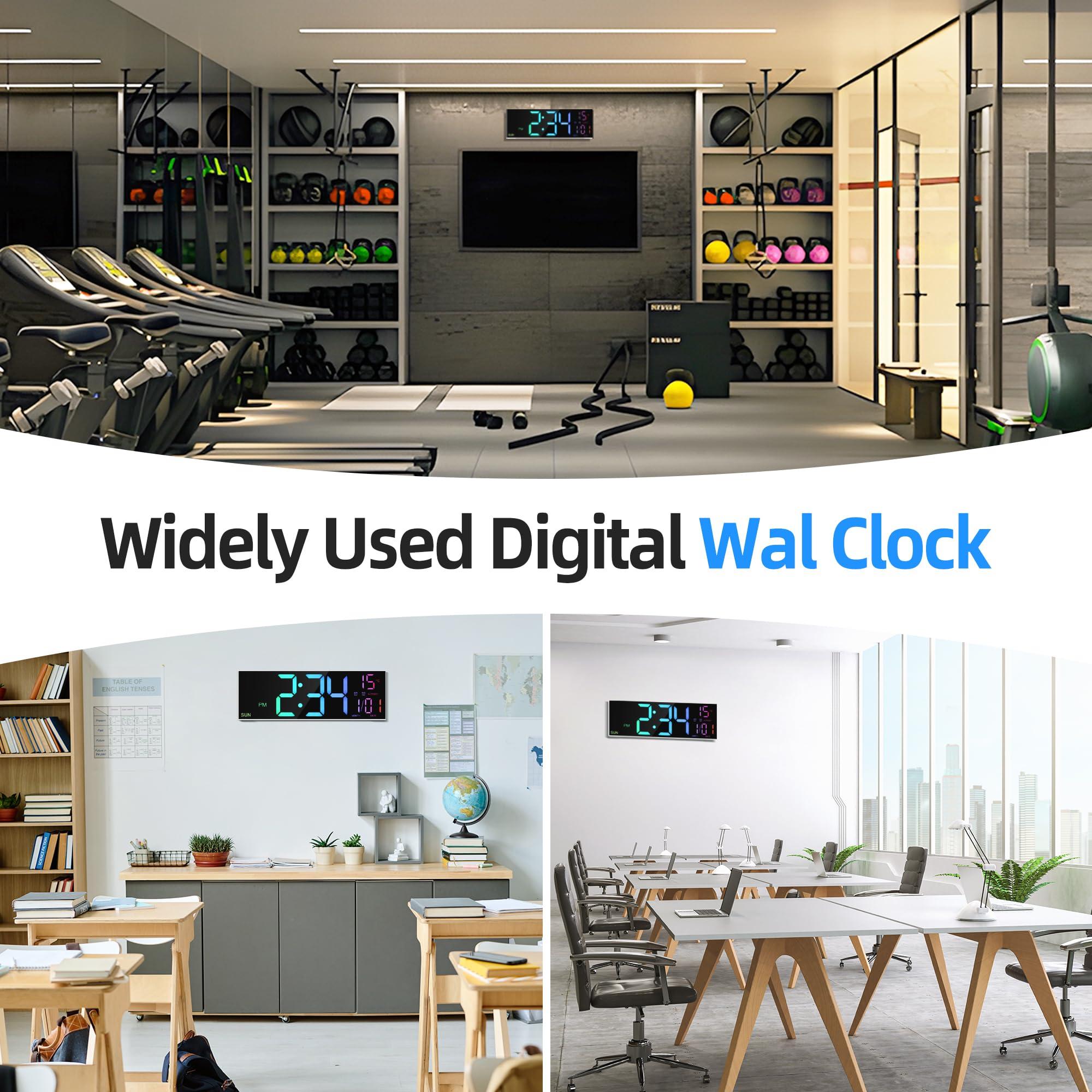 LEIKE LEIKE 16.2\'\' Large Digital Wall Clock with Remote Control, Big LED/Dual Alarm/8 RGB Colors/Auto Brightness/Date/Auto DST/Temperature/Night Light Gym Clocks for Living Room Bedroom Office Wall Decor