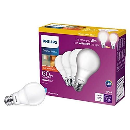 Philips LED Philips LED Flicker-Free Frosted A19 Light Bulb, Dimmable Warm Glow Effect, 800 Lumen, 2700-2200K, 8.8W=60W, E26 Base, 6-Pack