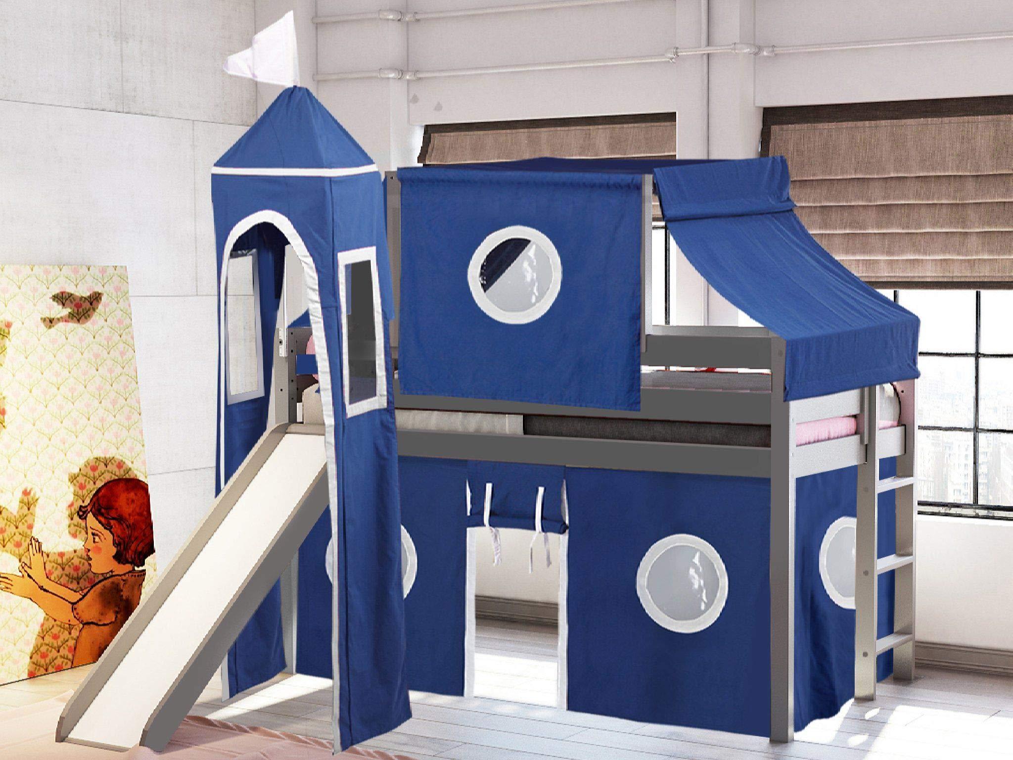 JACKPOT! JACKPOT! Castle Low Loft Bed with Slide, Blue and White Tent and Tower, Twin, Gray