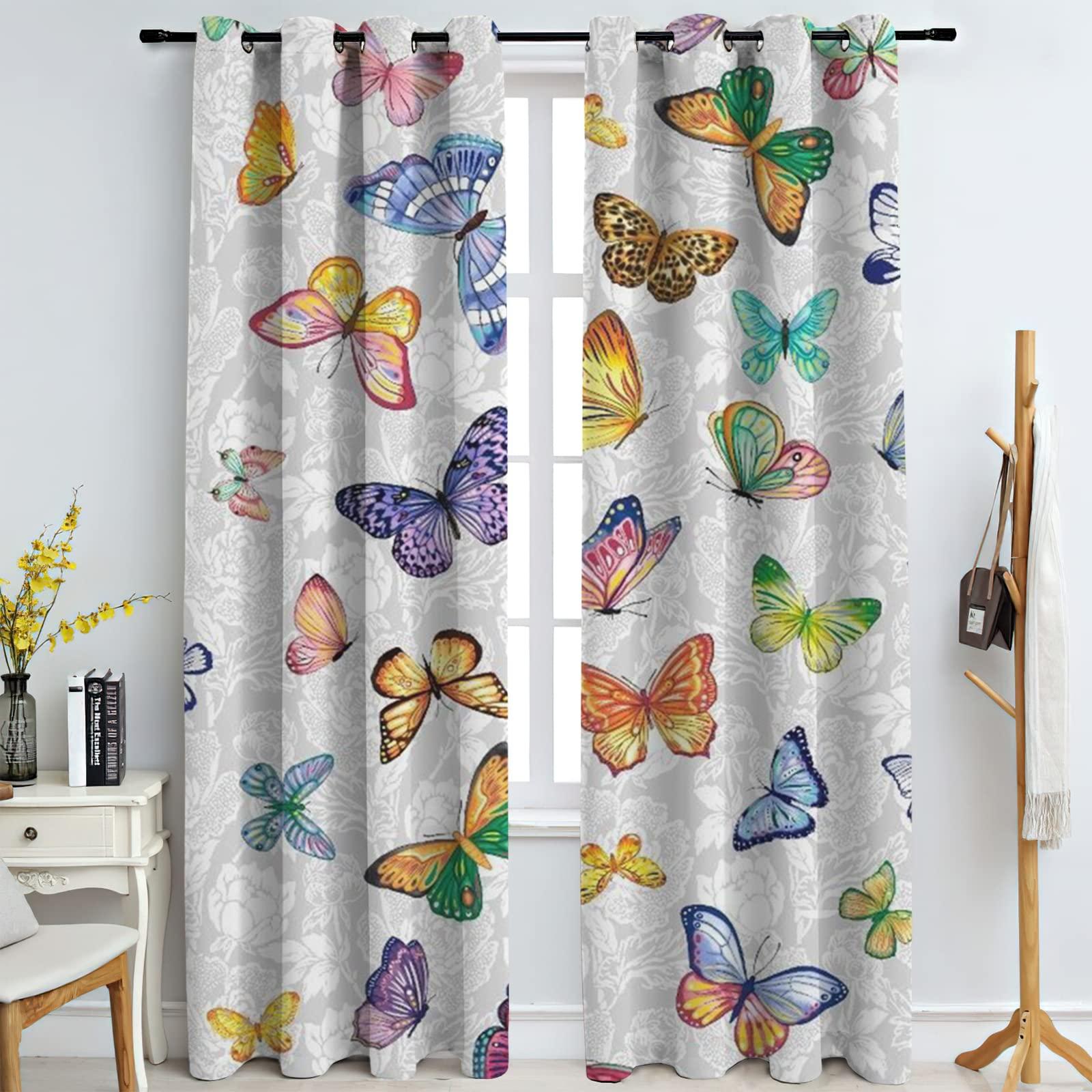TOARTE TOARTE Colorful Beautiful Butterfly Window Treatments, Retro Floral Background Blackout Curtains for Bedroom, Grommet Thermal Insulated Window Curtain for Bedroom Living Room Patio - 72x108in