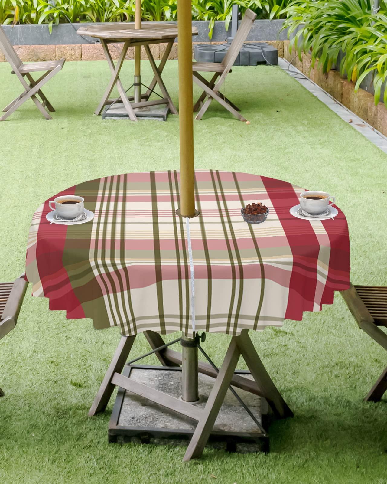 Boanket Boanket Outdoor Tablecloth with Umbrella Hole for Patio/Picnic/Party/Camping, Red Teal Ombre Checkered Waterproof Table Cloth Round Cover Washable, Farmhouse Buffalo Plaid (Dia 60\")