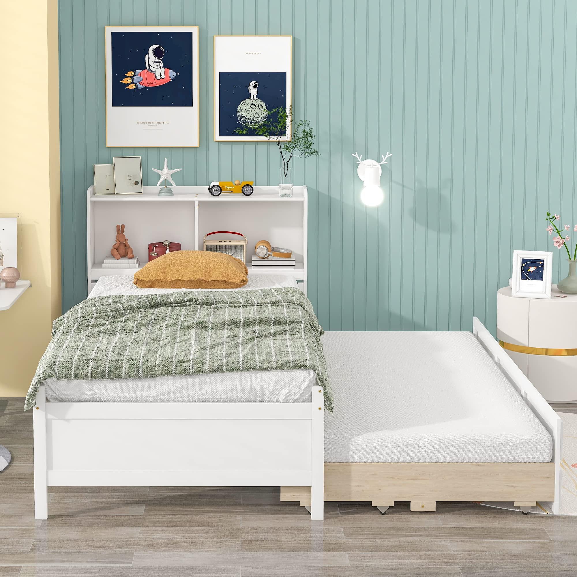 SOFTSEA SOFTSEA Twin Captains Bed with Trundle and Drawers, Twin Size Platform Bed with Bookcase Headboard, Wood Twin Storage Bed for Kids Teens Adults, White