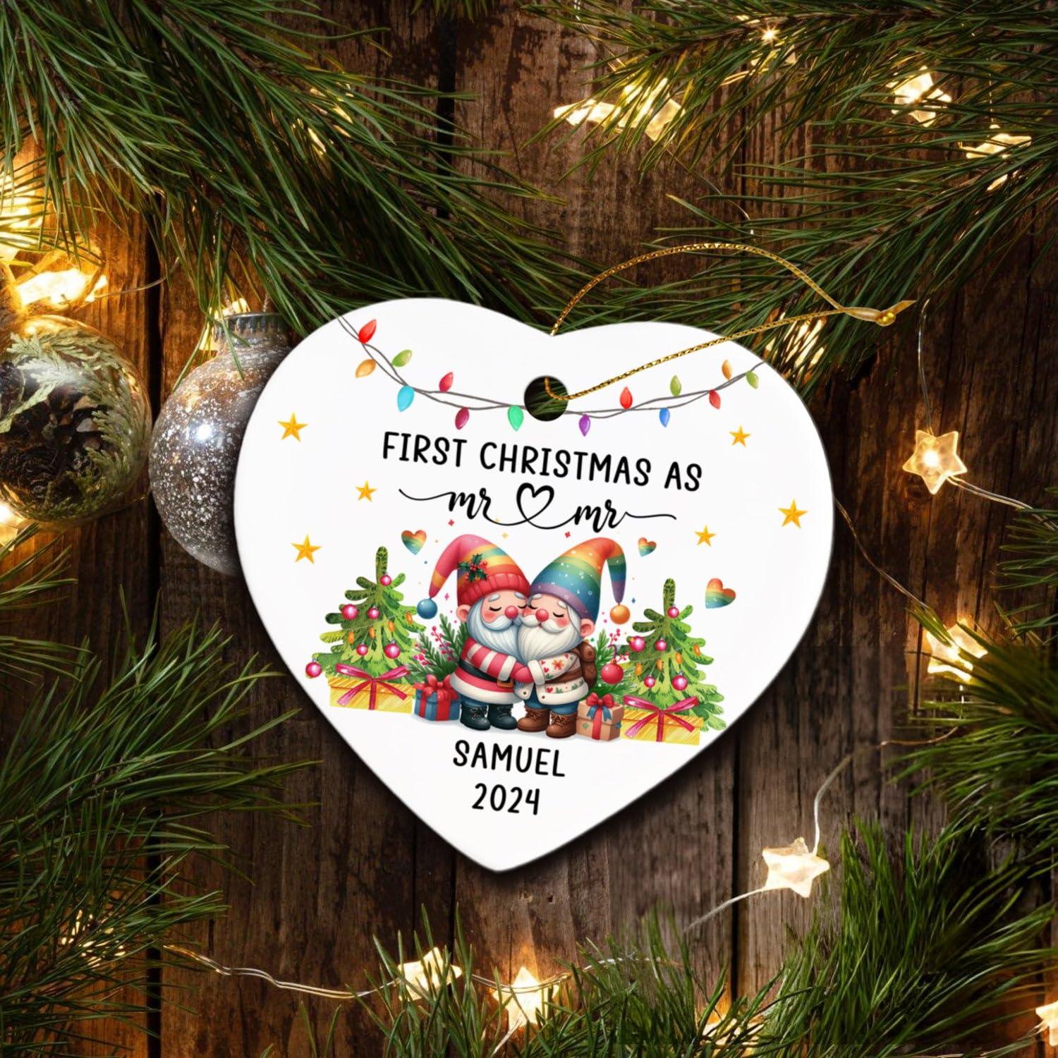 Wixxby Personalized First Christmas As Mr & Mr Ornament Keepsake, Couple Snowman Gay Pride LGBT Ornament Christmas 2024, Custom 1st Xmas As Mr & Mr Ornament Gifts for Couple Gay LGBT, Rainbow Pride Ornament