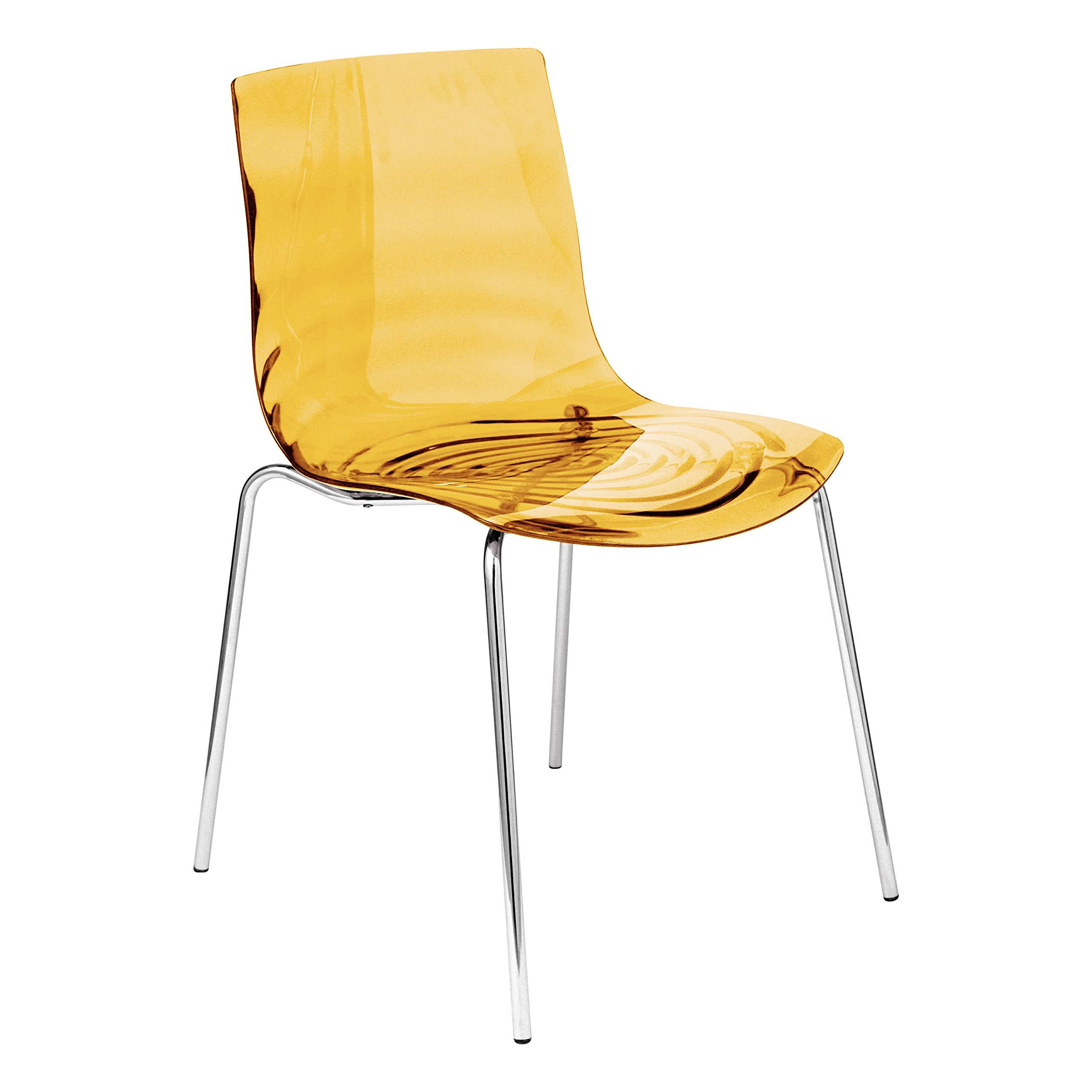 LeisureMod LeisureMod Astor Water Ripple Design Modern Lucite Dining Side Chair with Metal Legs, Transparent Orange